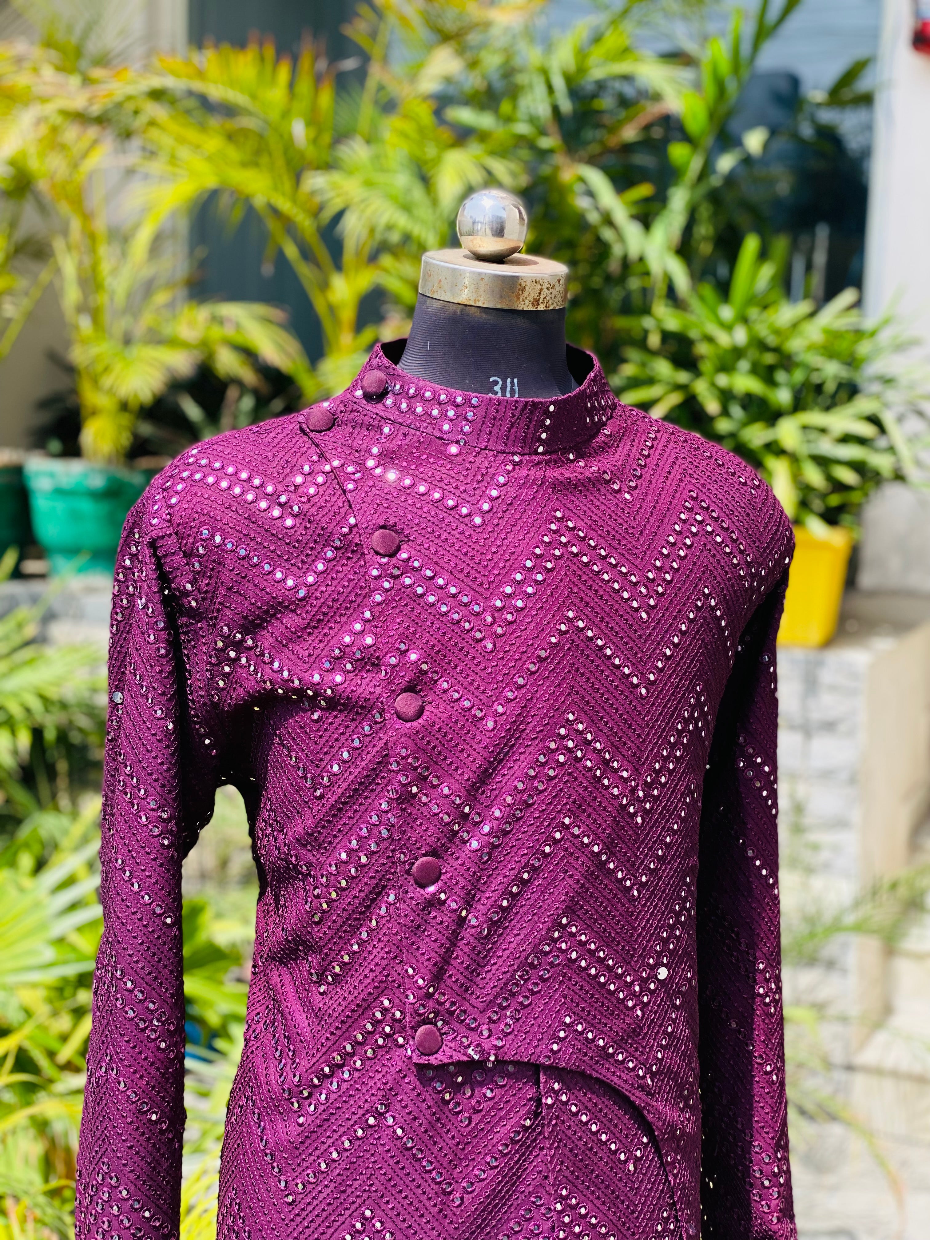 Menswear Wine Faux Mirror Sherwani