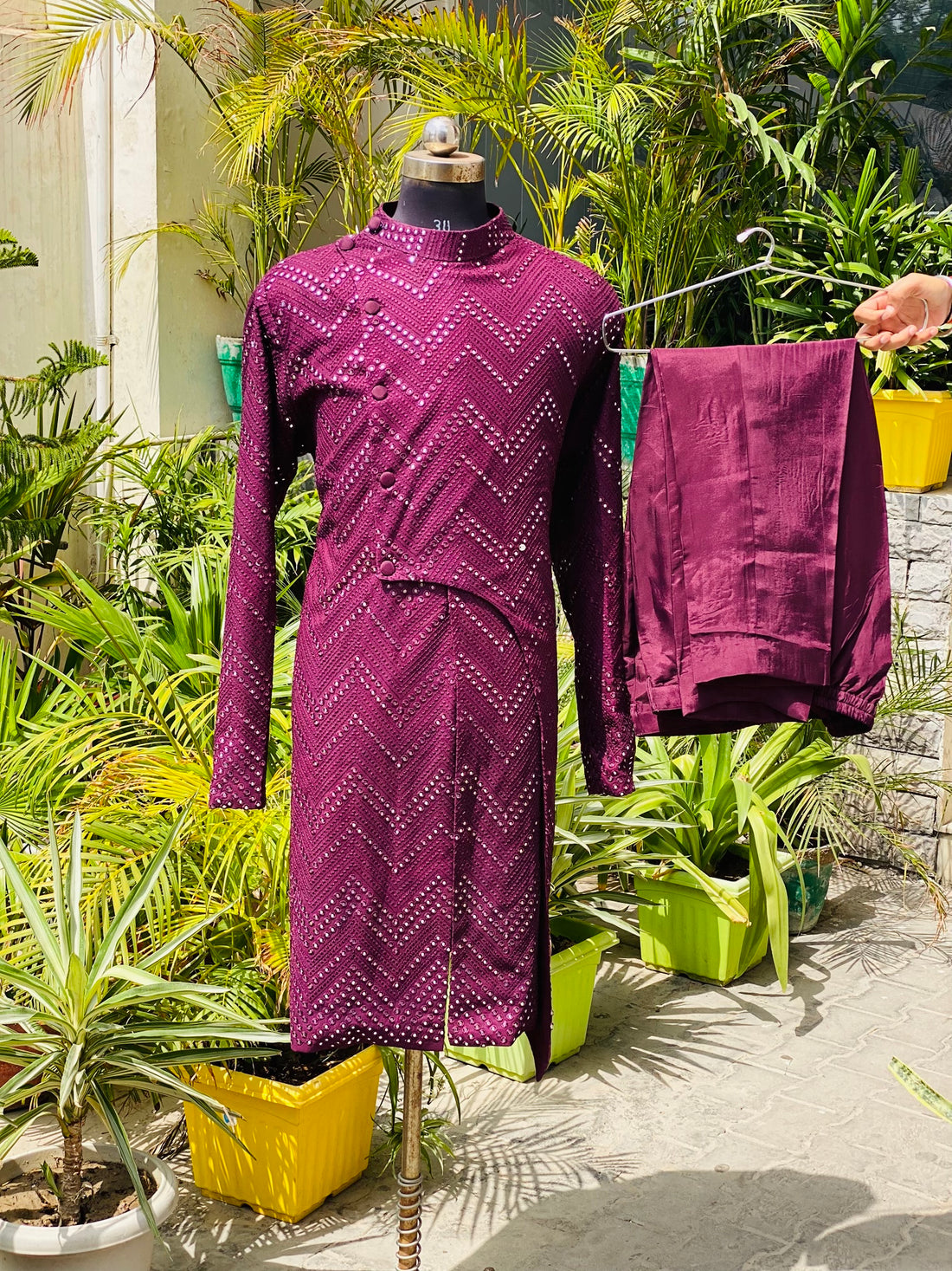 Menswear Wine Faux Mirror Sherwani