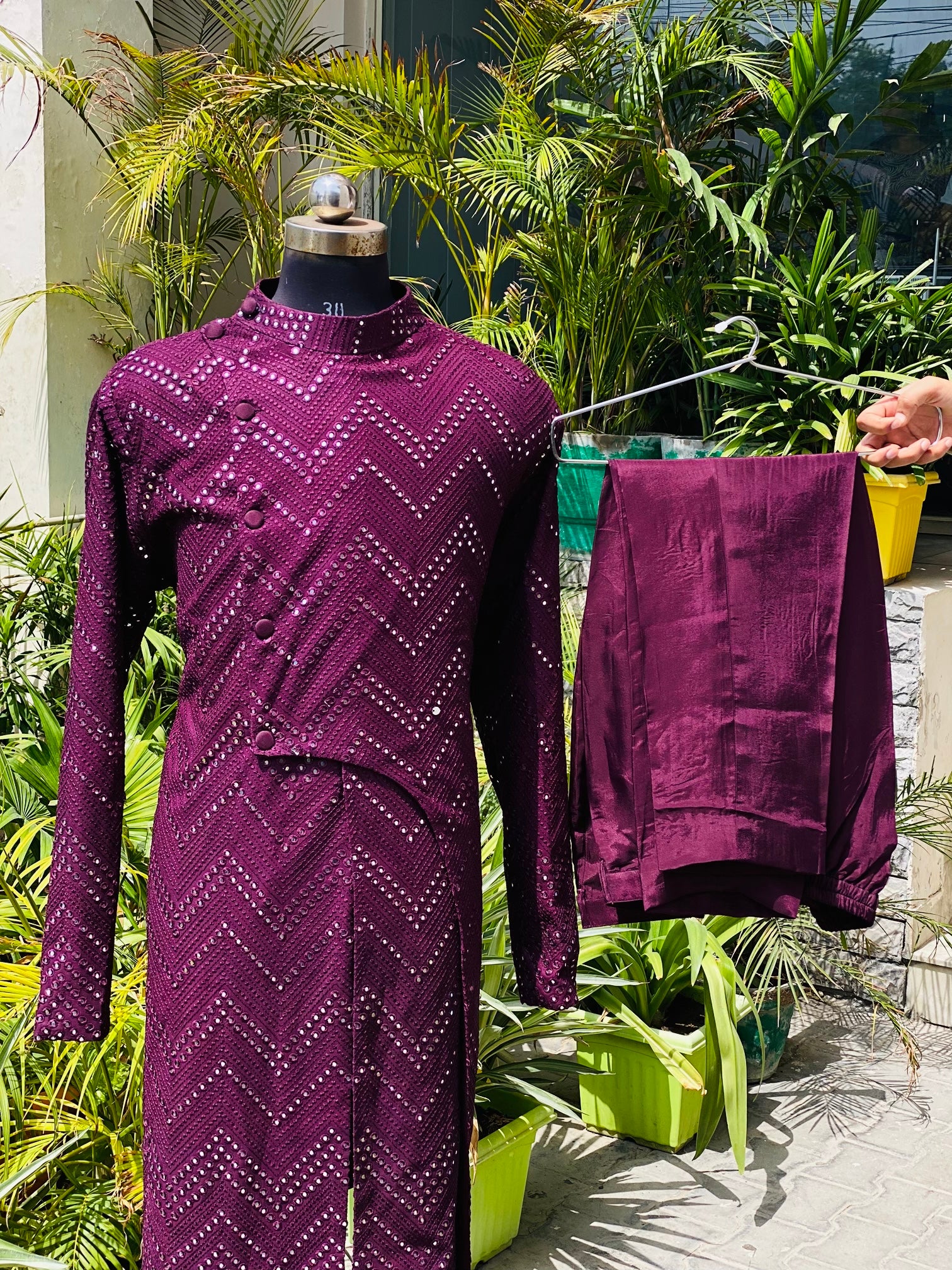 Menswear Wine Faux Mirror Sherwani