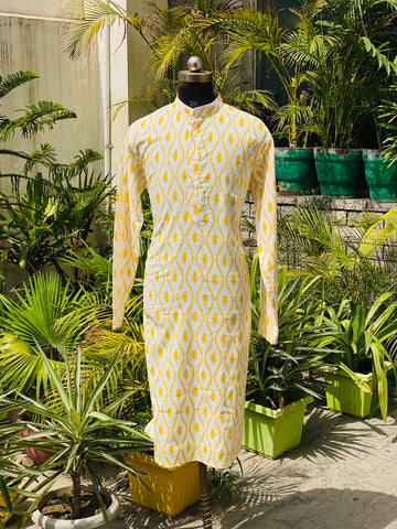 Menswear White & Yellow Ikkat Kurta