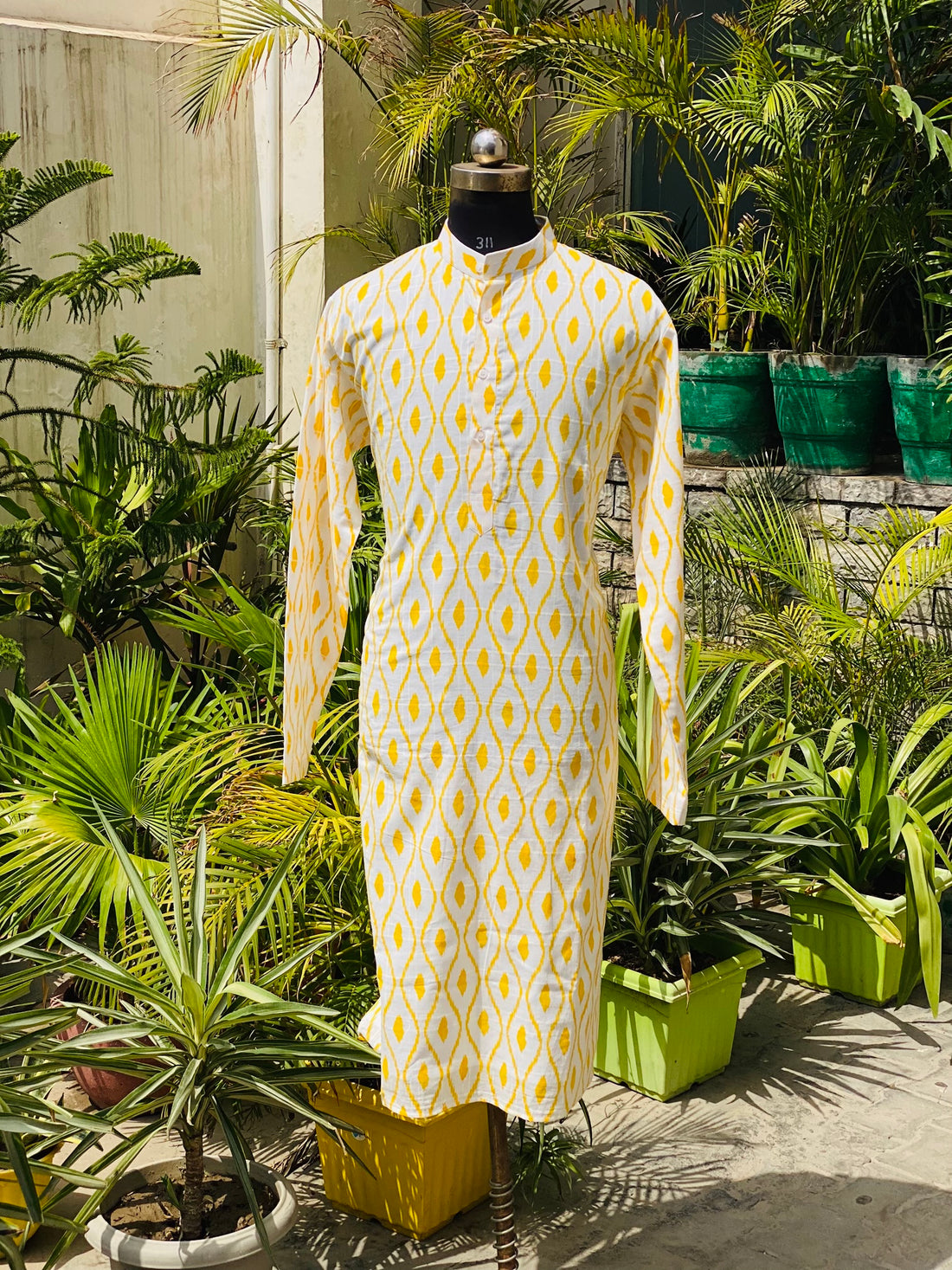 Menswear White & Yellow Ikkat Kurta