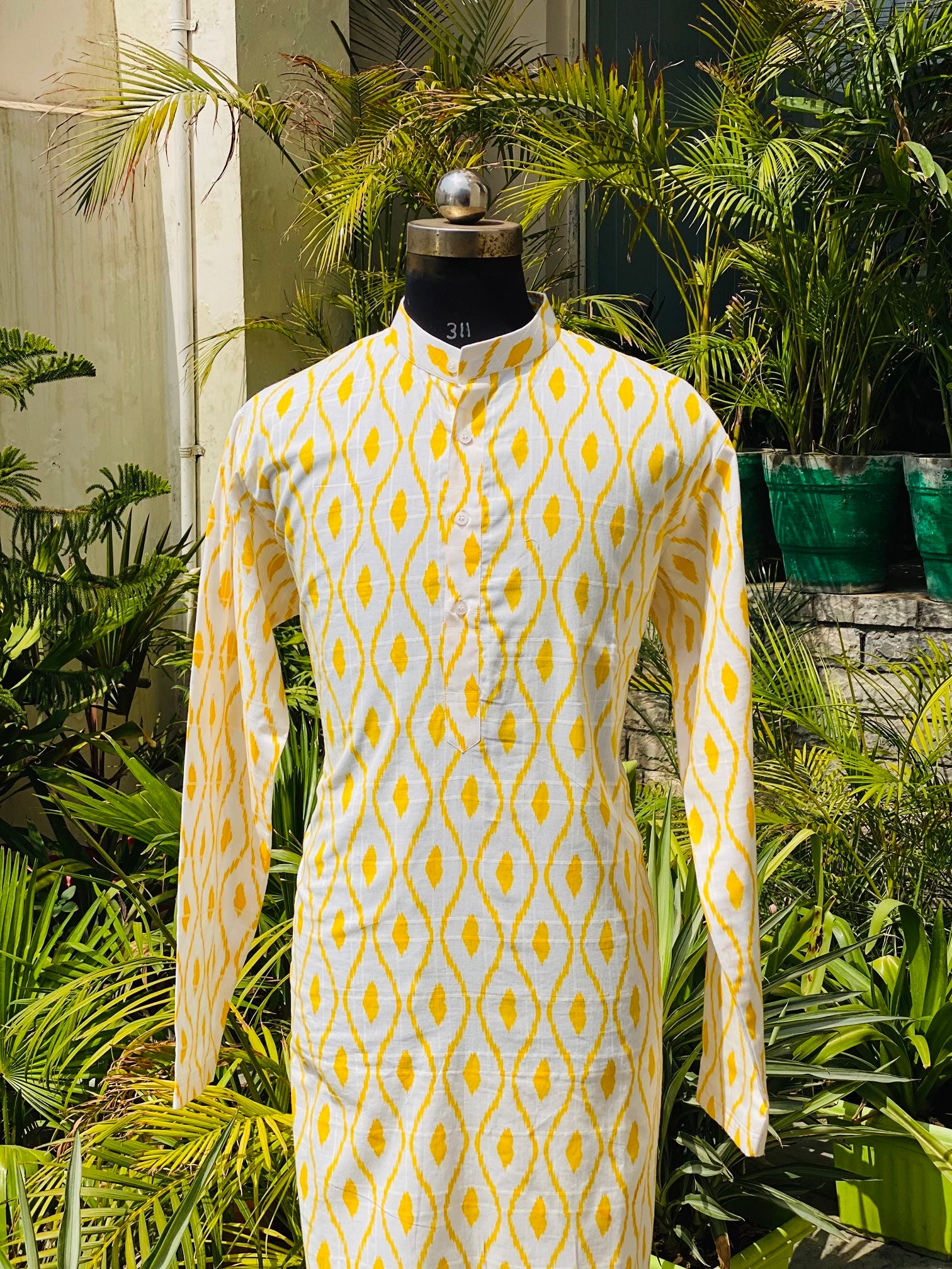 Menswear White & Yellow Ikkat Kurta