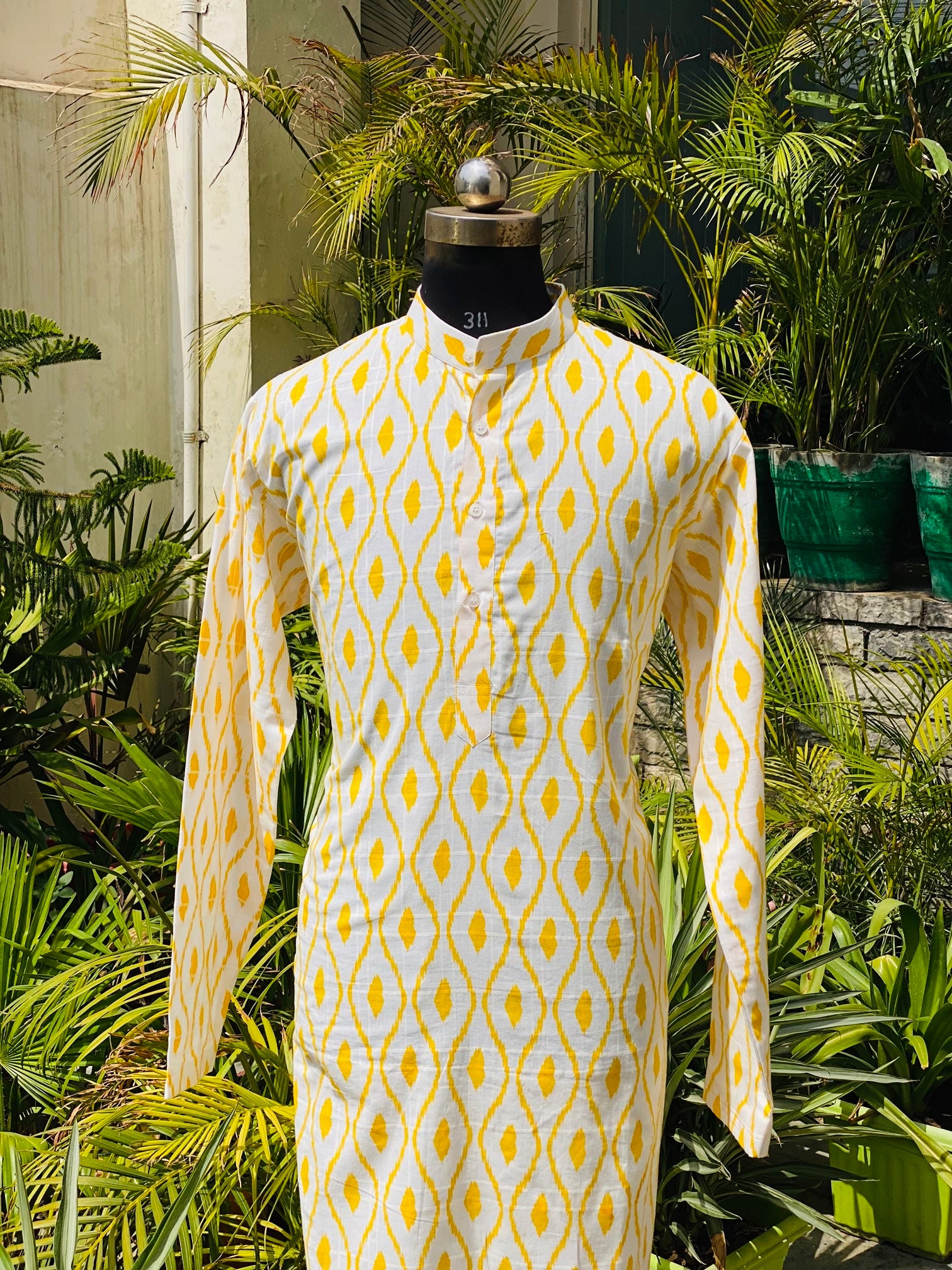 Menswear White & Yellow Ikkat Kurta