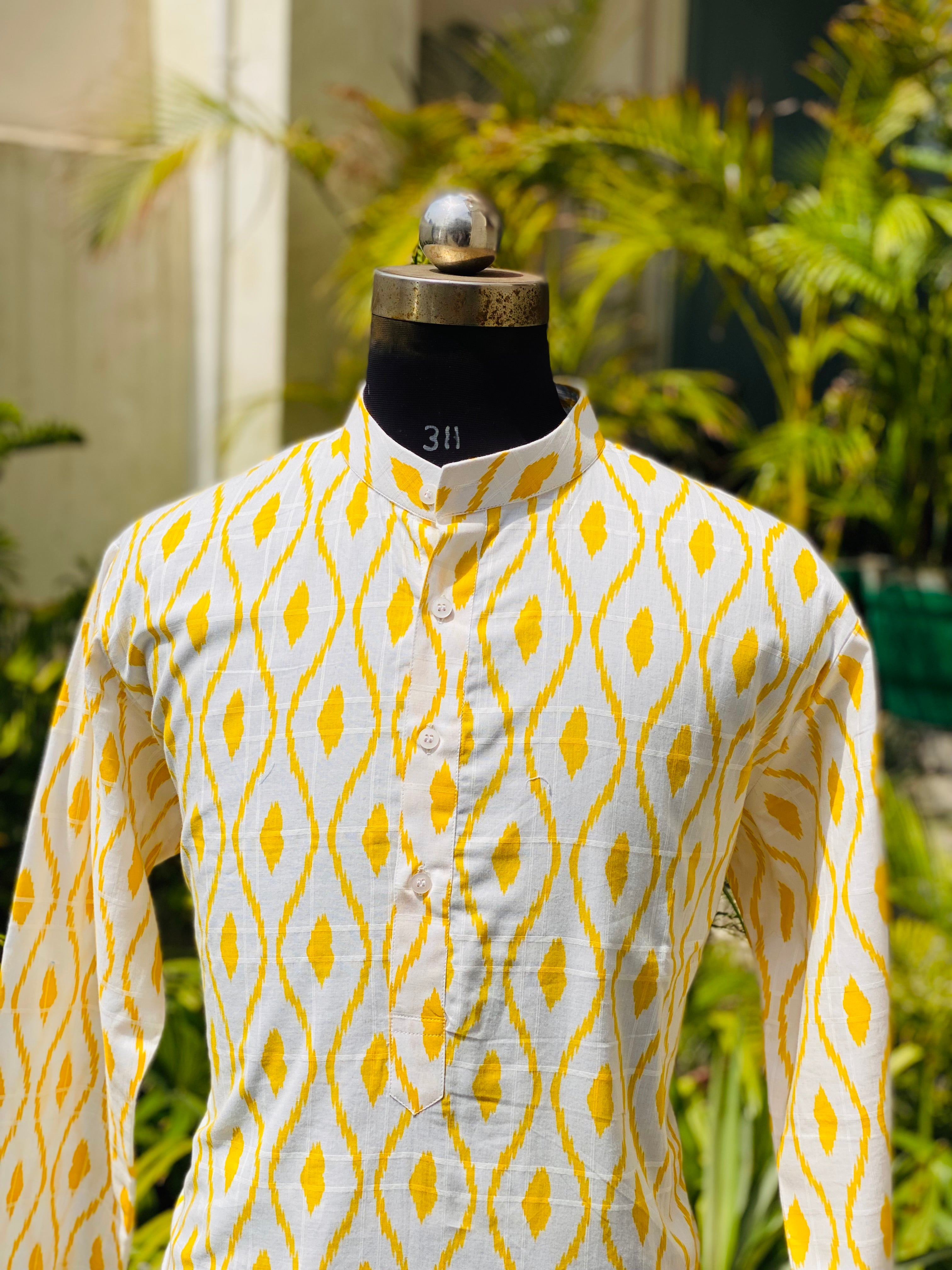 Menswear White & Yellow Ikkat Kurta