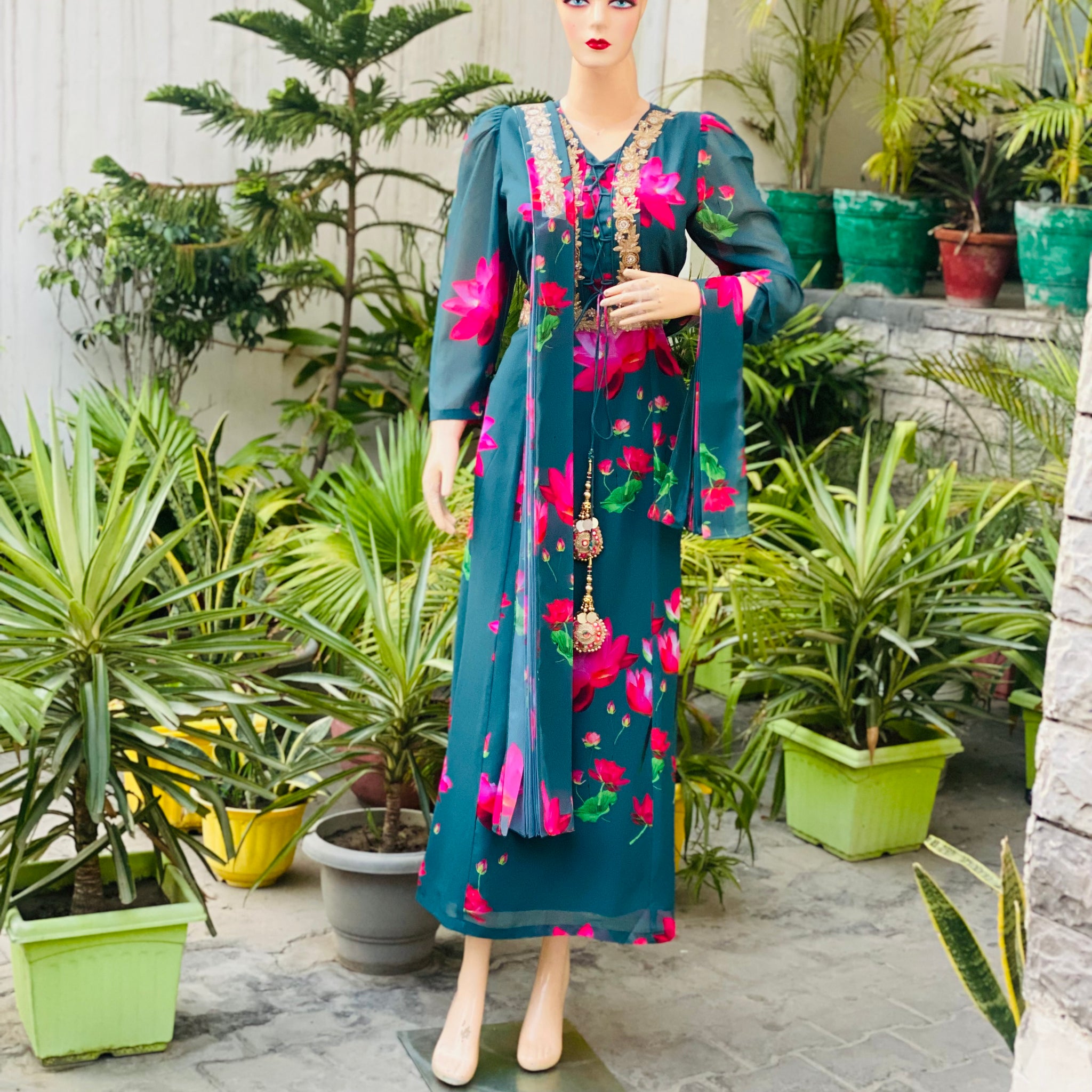 Teal Floral Embroidered Anarkali