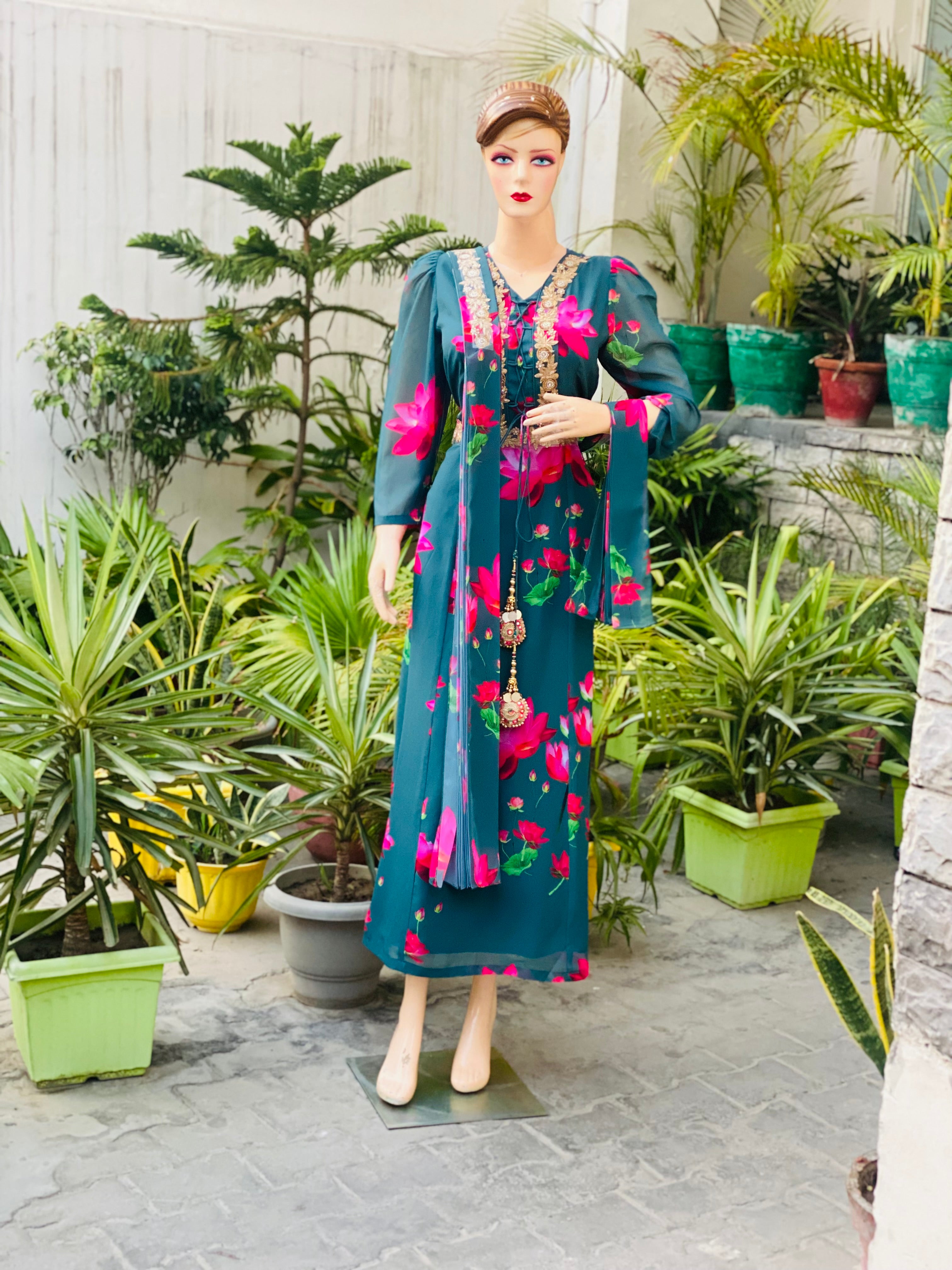 Teal Floral Embroidered Anarkali