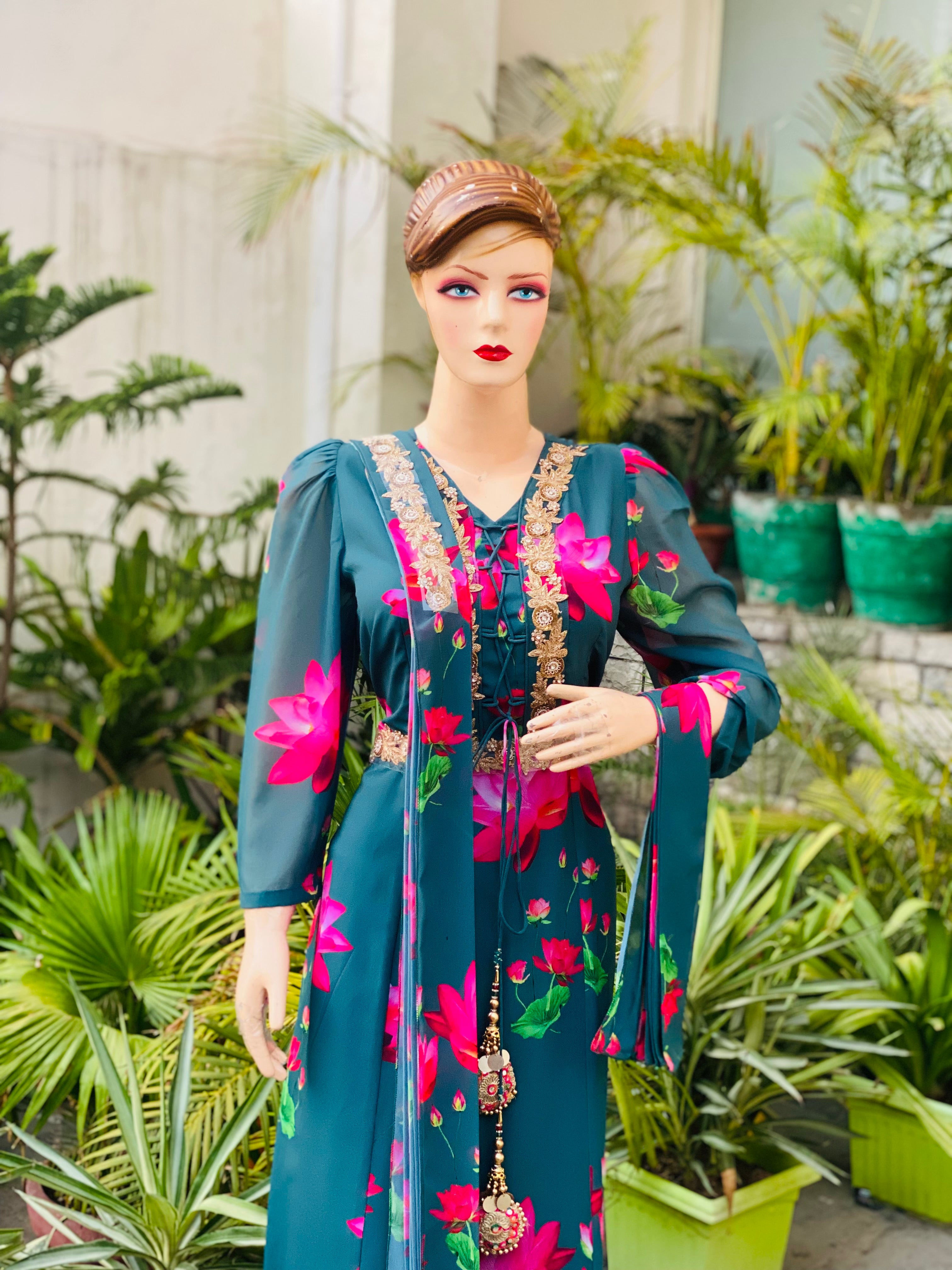 Teal Floral Embroidered Anarkali