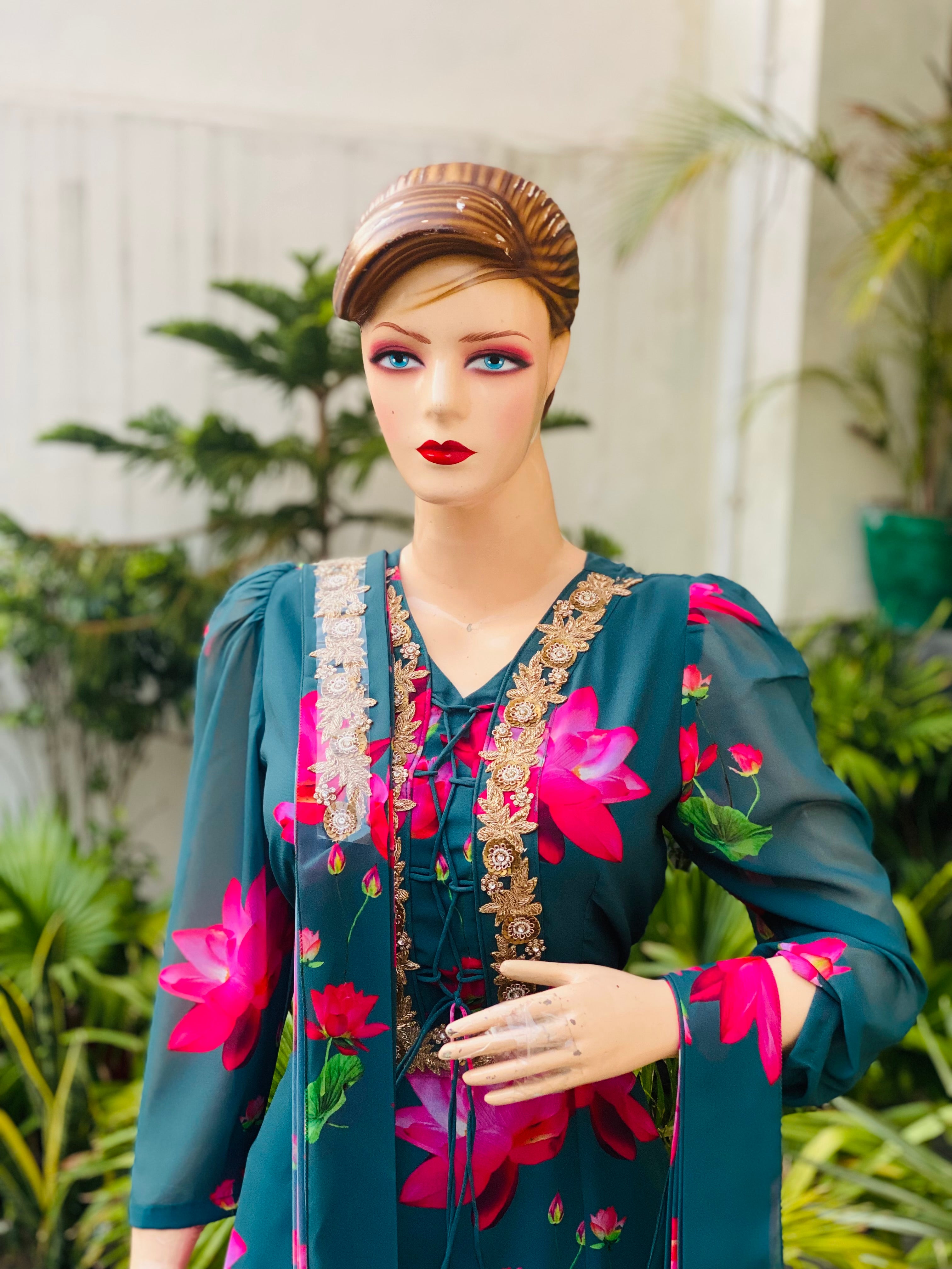 Teal Floral Embroidered Anarkali