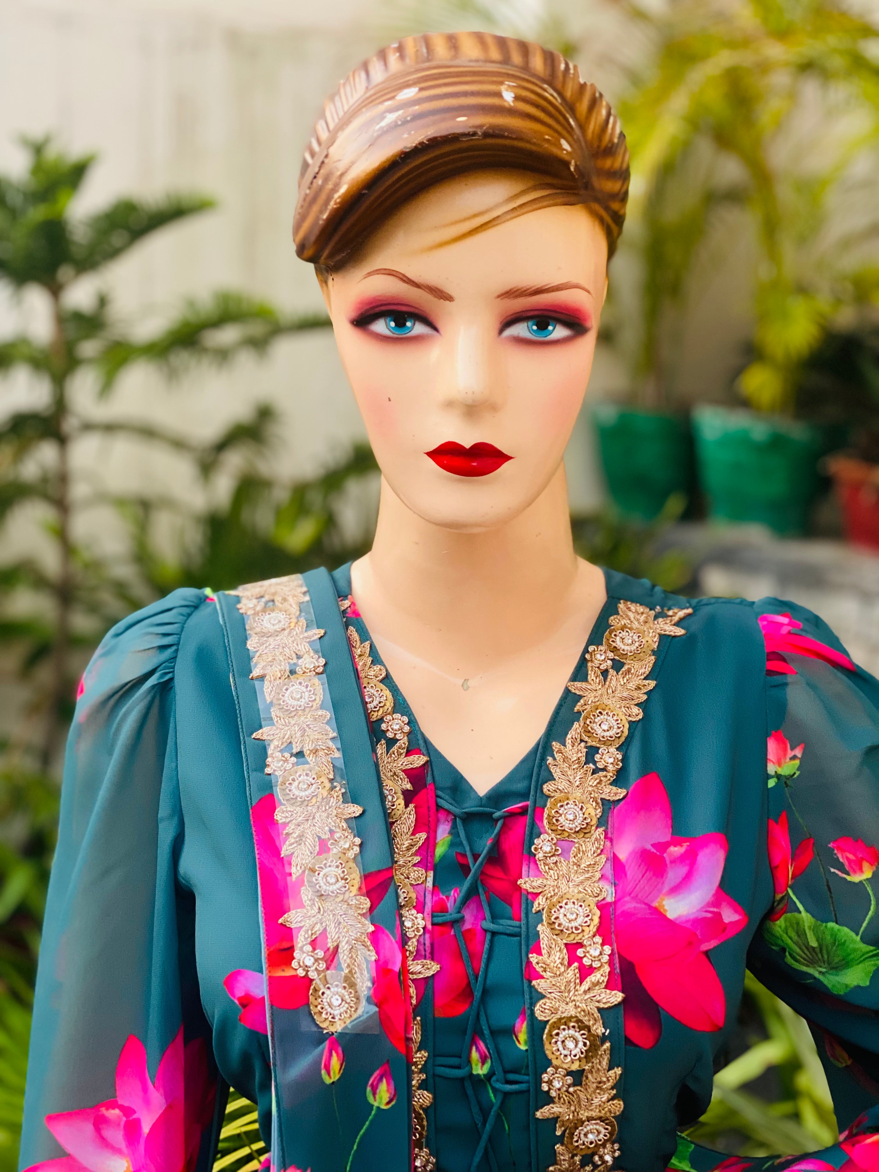 Teal Floral Embroidered Anarkali