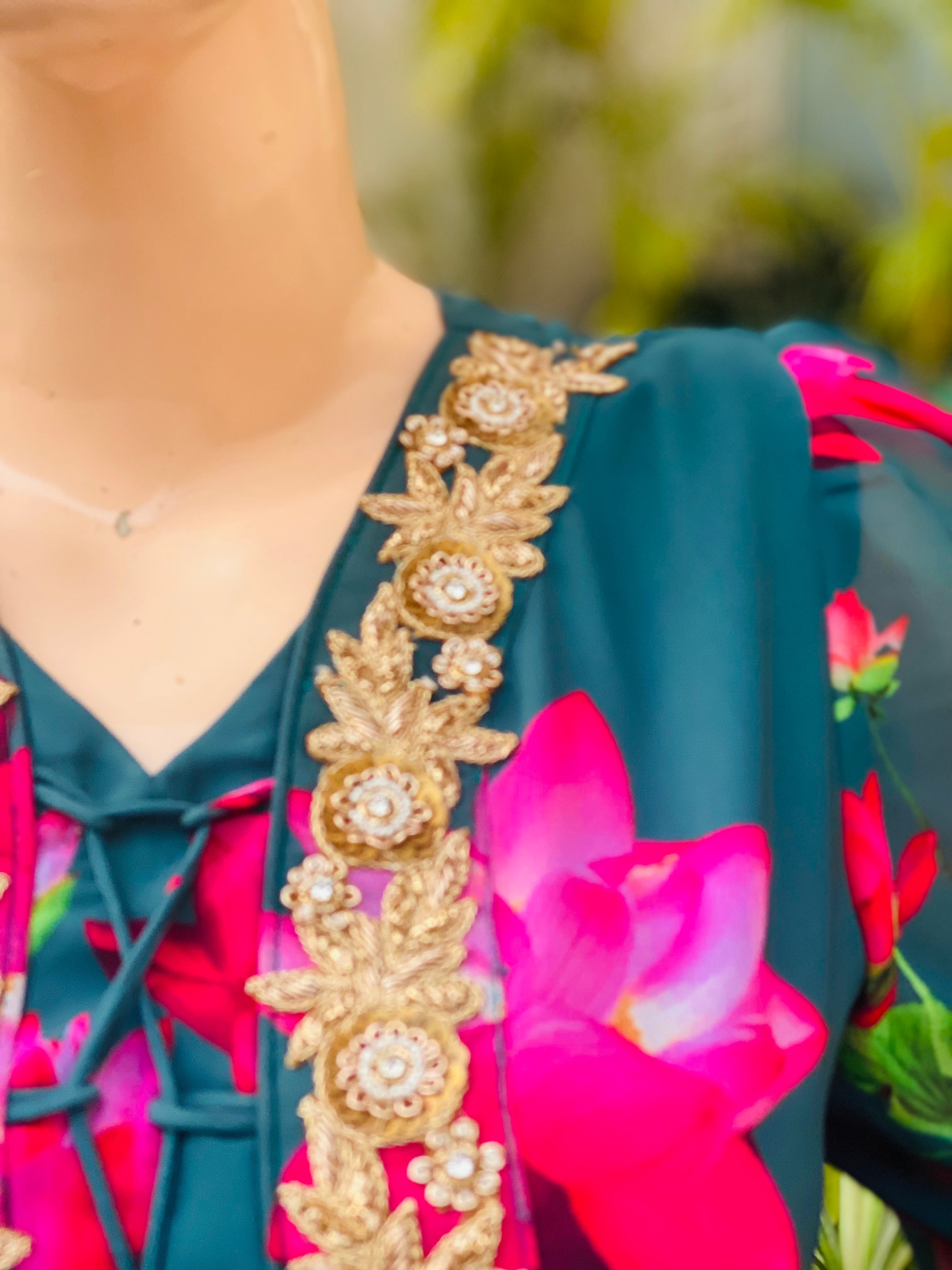 Teal Floral Embroidered Anarkali