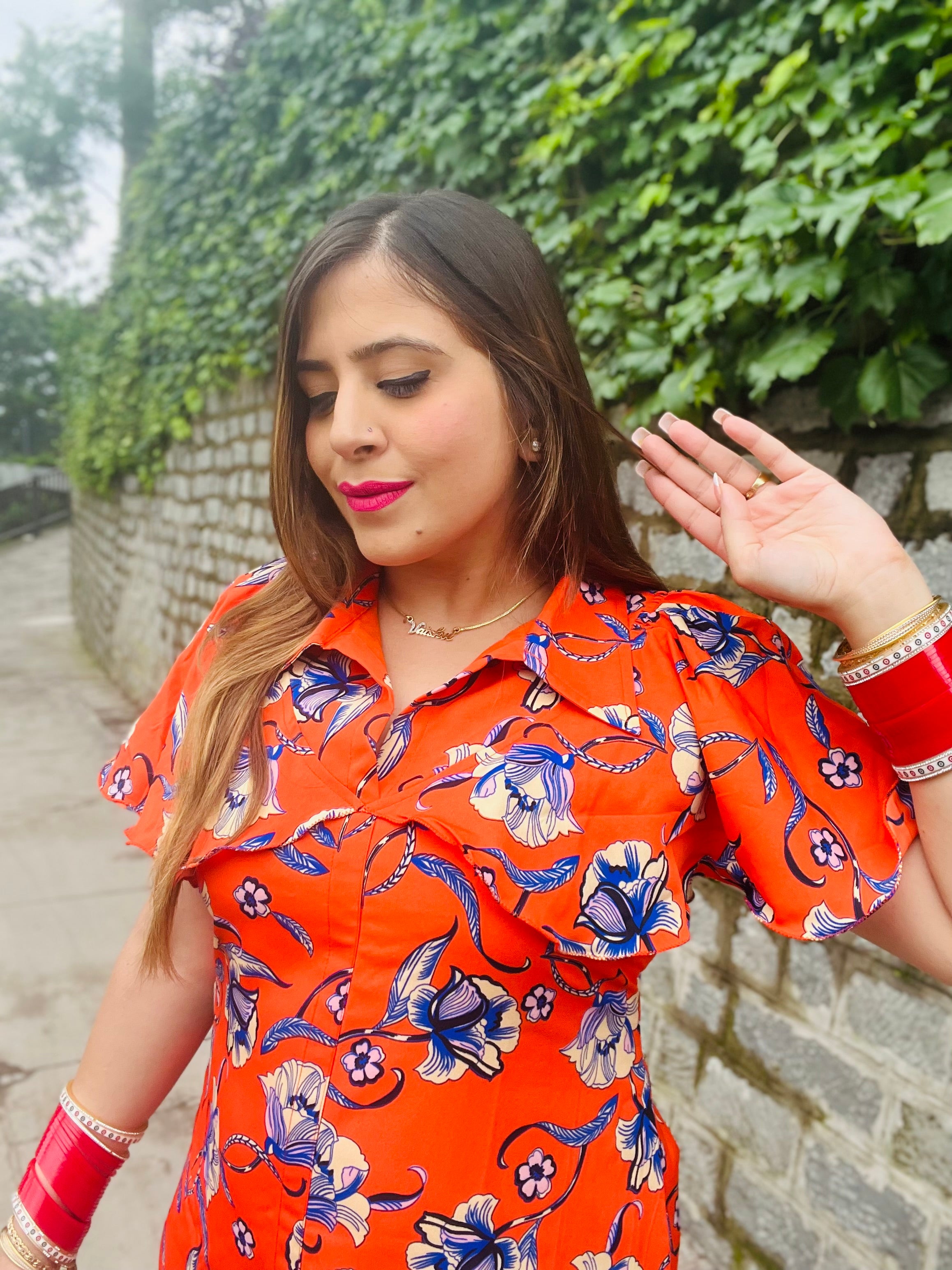 Orange Floral Shirt Dress