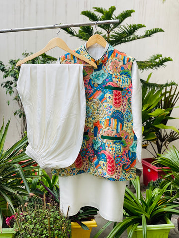 Menswear Multicolored & White Silk Kurta Set