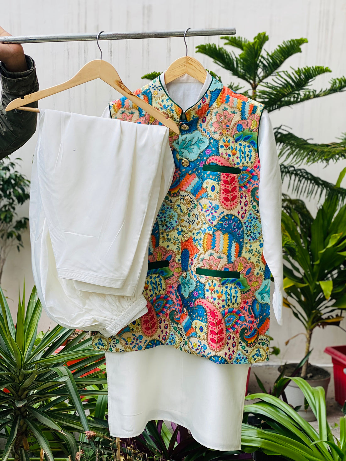 Menswear Multicolored & White Silk Kurta Set