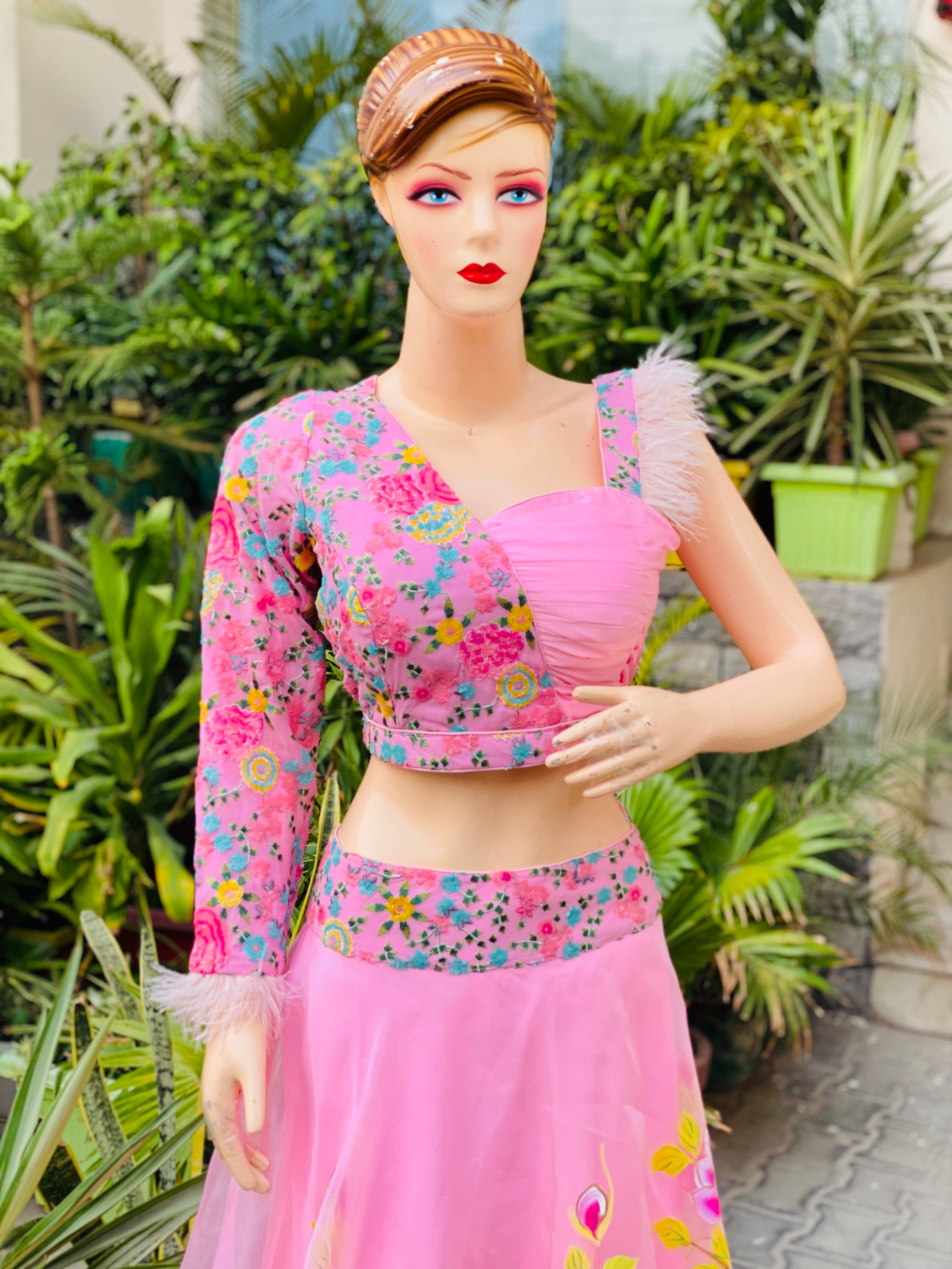 Baby Pink Hand Painted Organza Lehenga