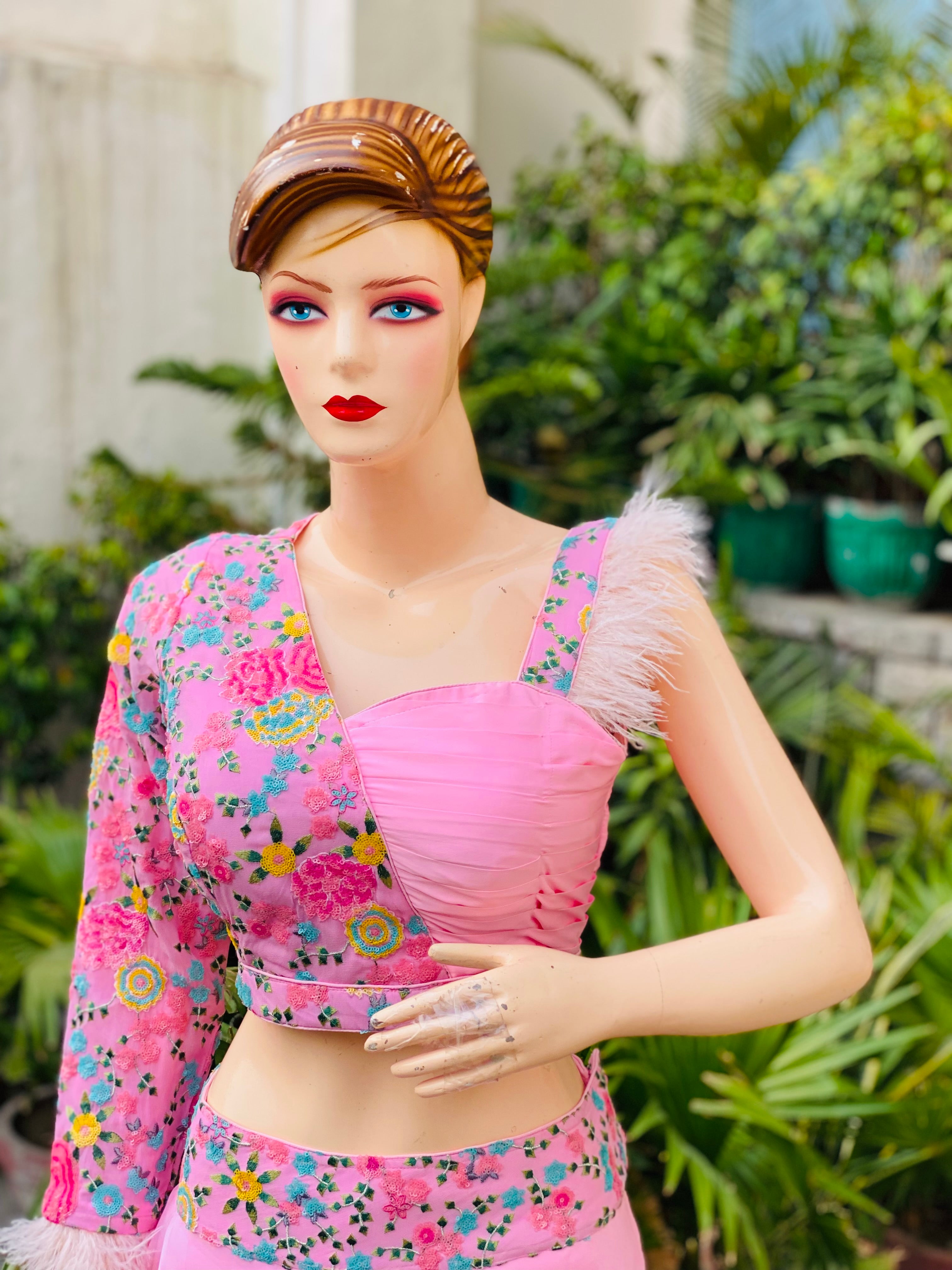 Baby Pink Hand Painted Organza Lehenga