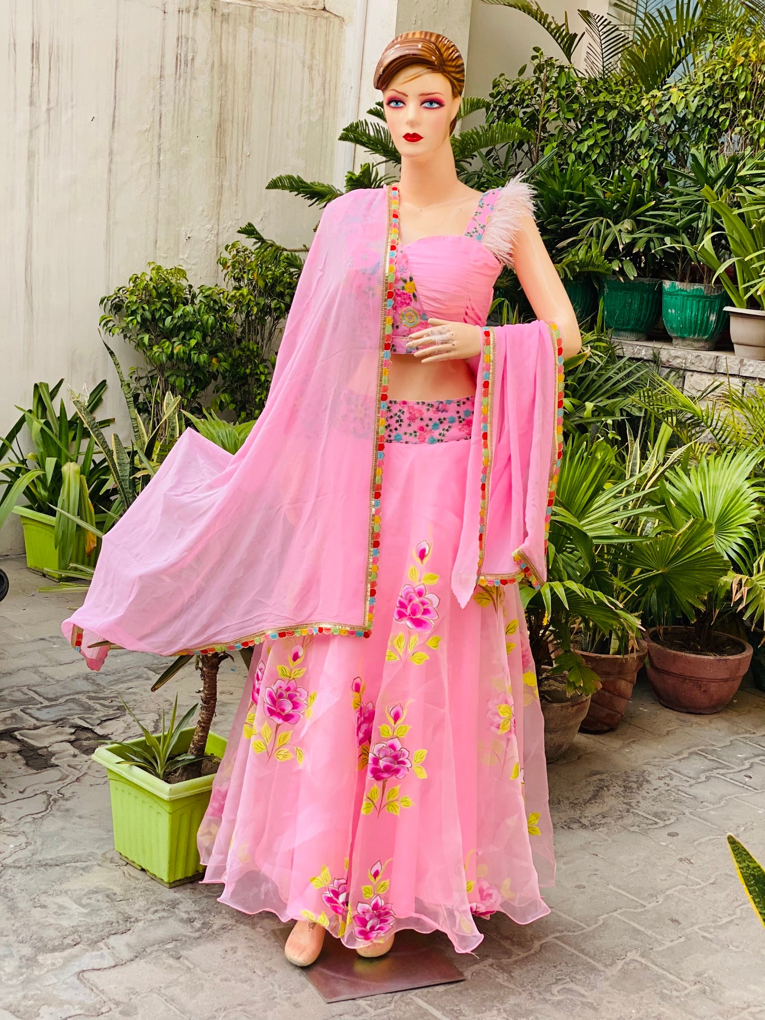 Baby Pink Hand Painted Organza Lehenga