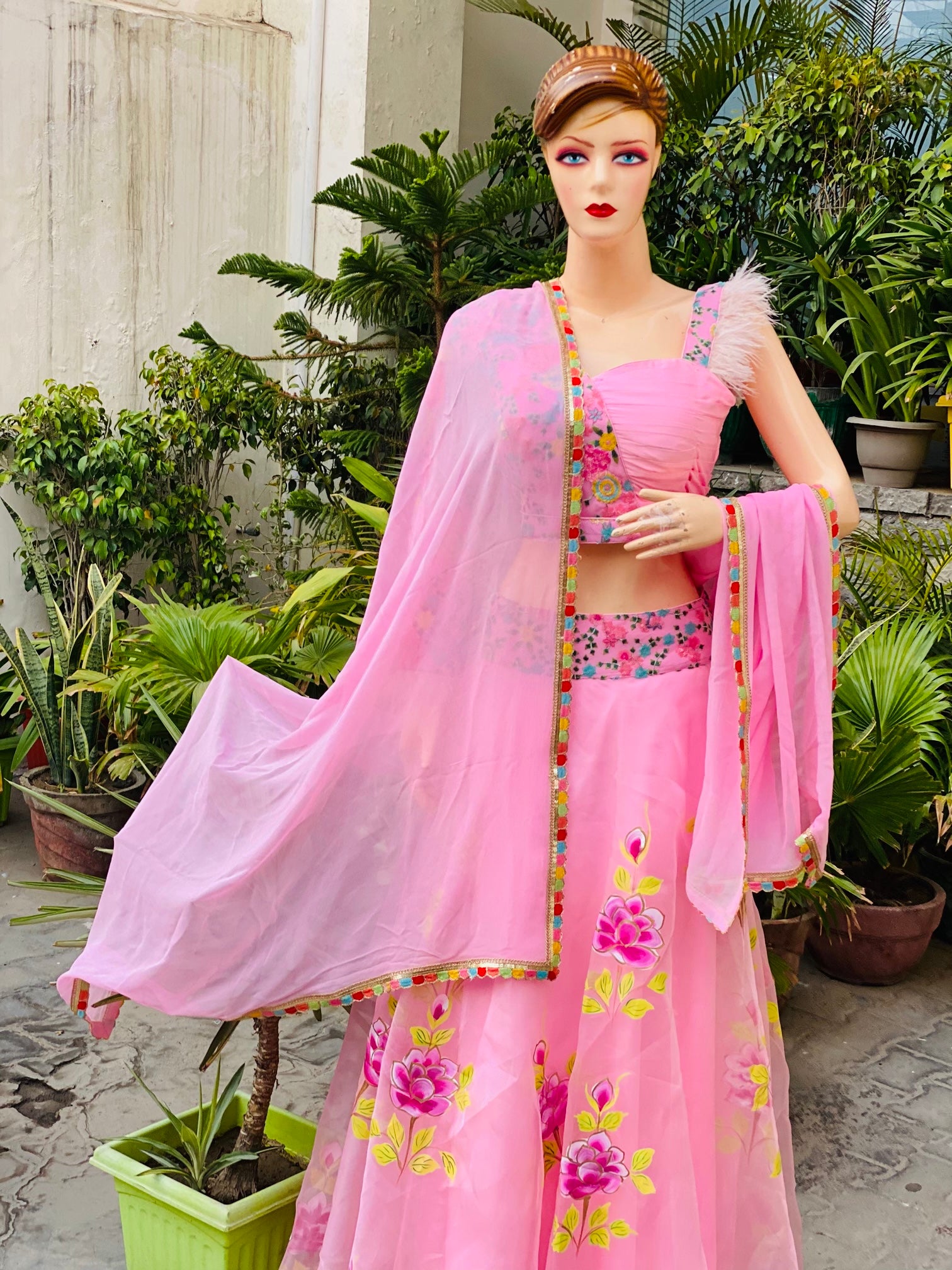 Baby Pink Hand Painted Organza Lehenga