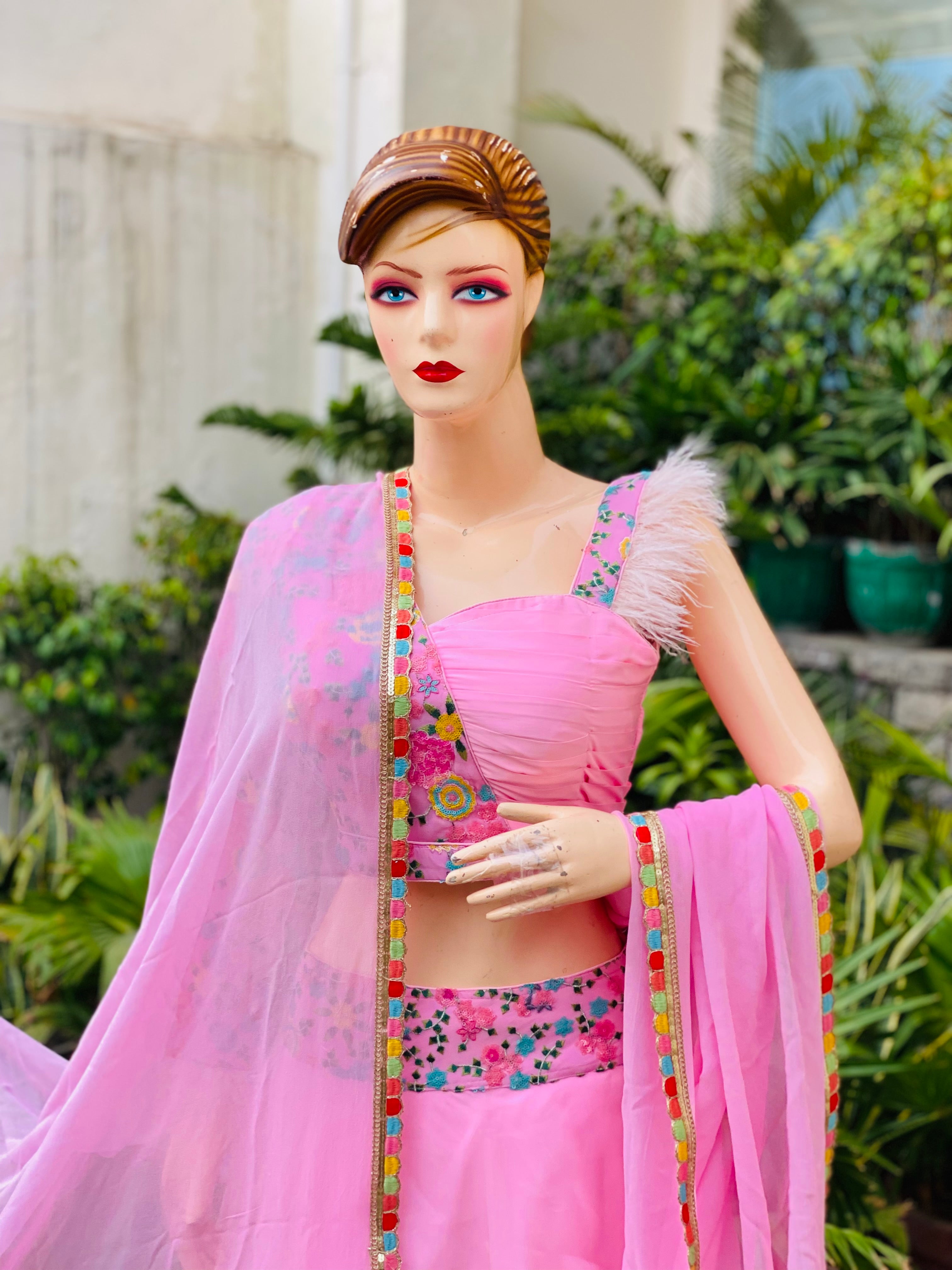 Baby Pink Hand Painted Organza Lehenga