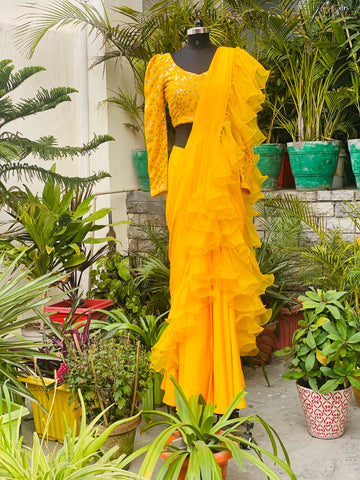 Yellow Ruffled Drape Saree