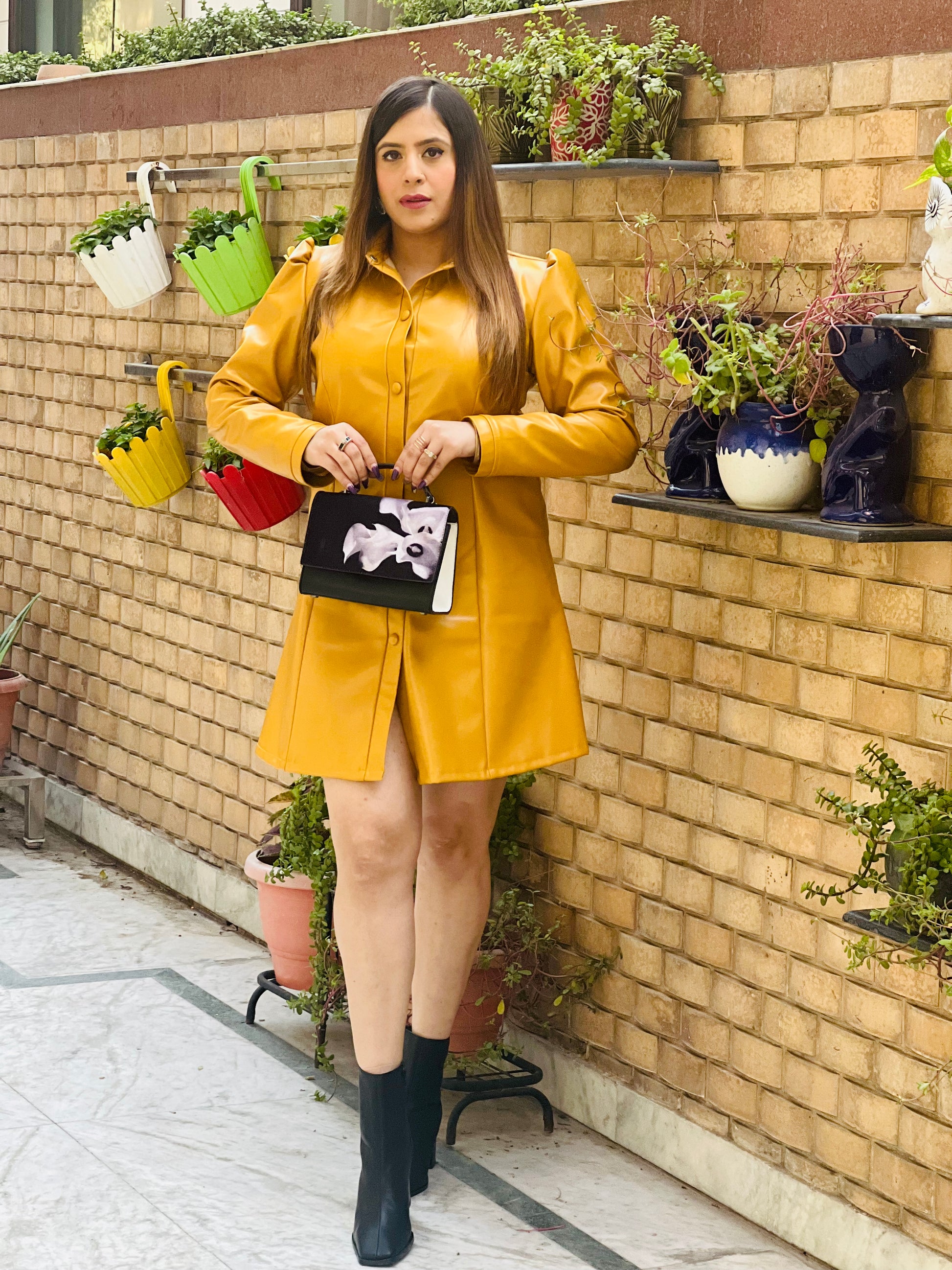 mustard leather dress Italian Summer Tie Neck Midi Dress Mustard