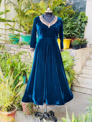 Peacock Blue Velvet Anarkali