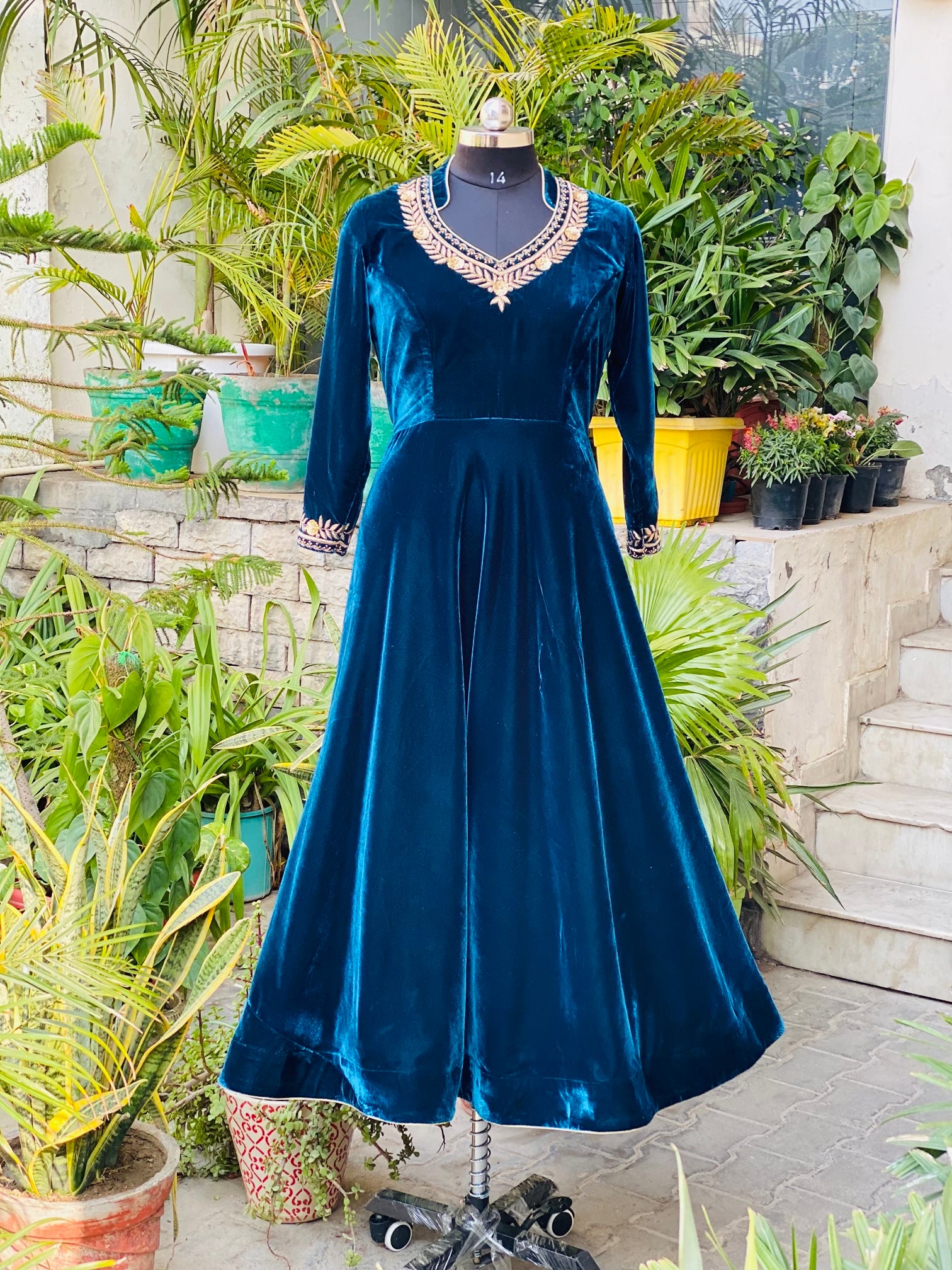 Peacock Blue Velvet Anarkali