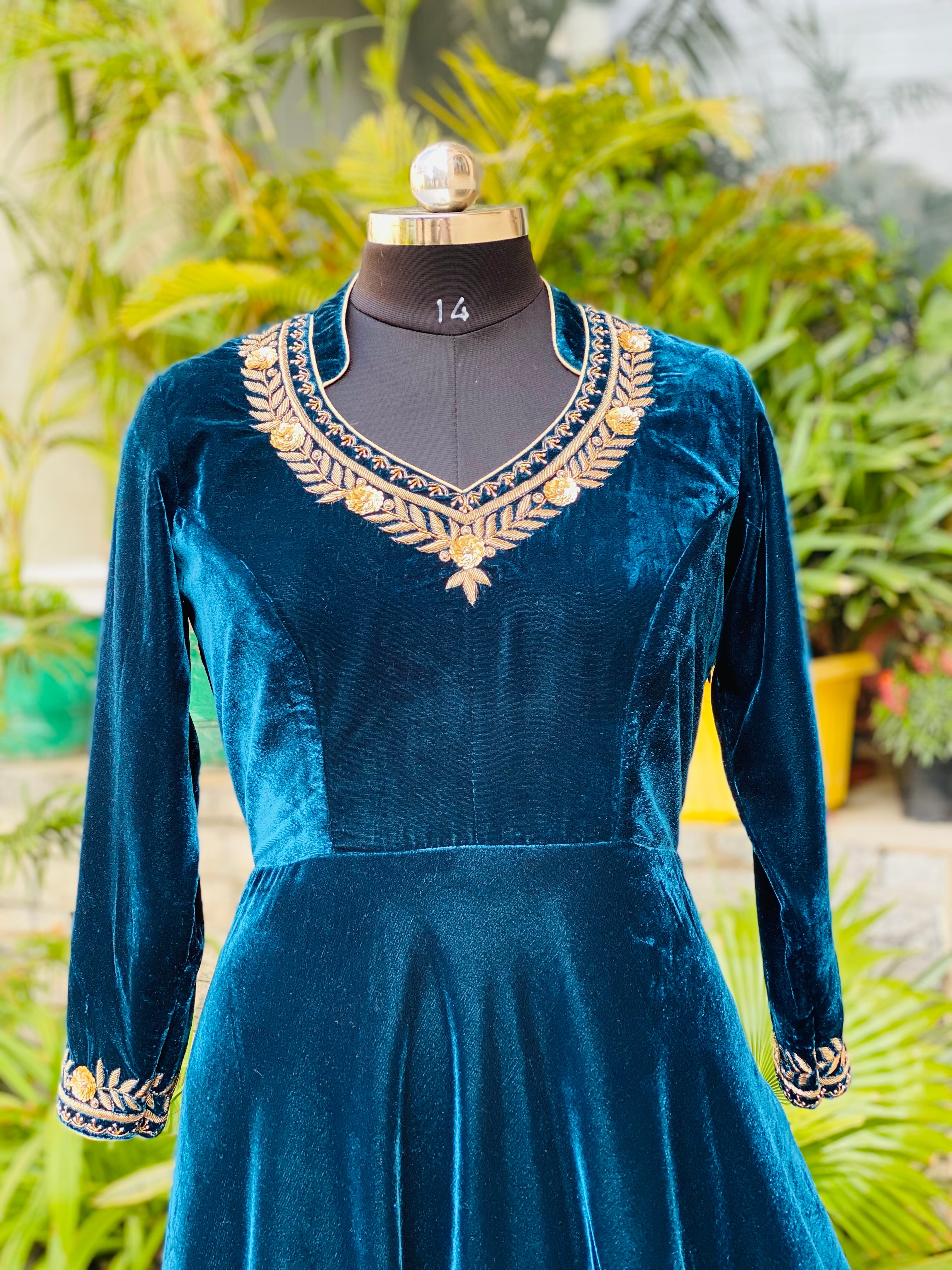Peacock Blue Velvet Anarkali