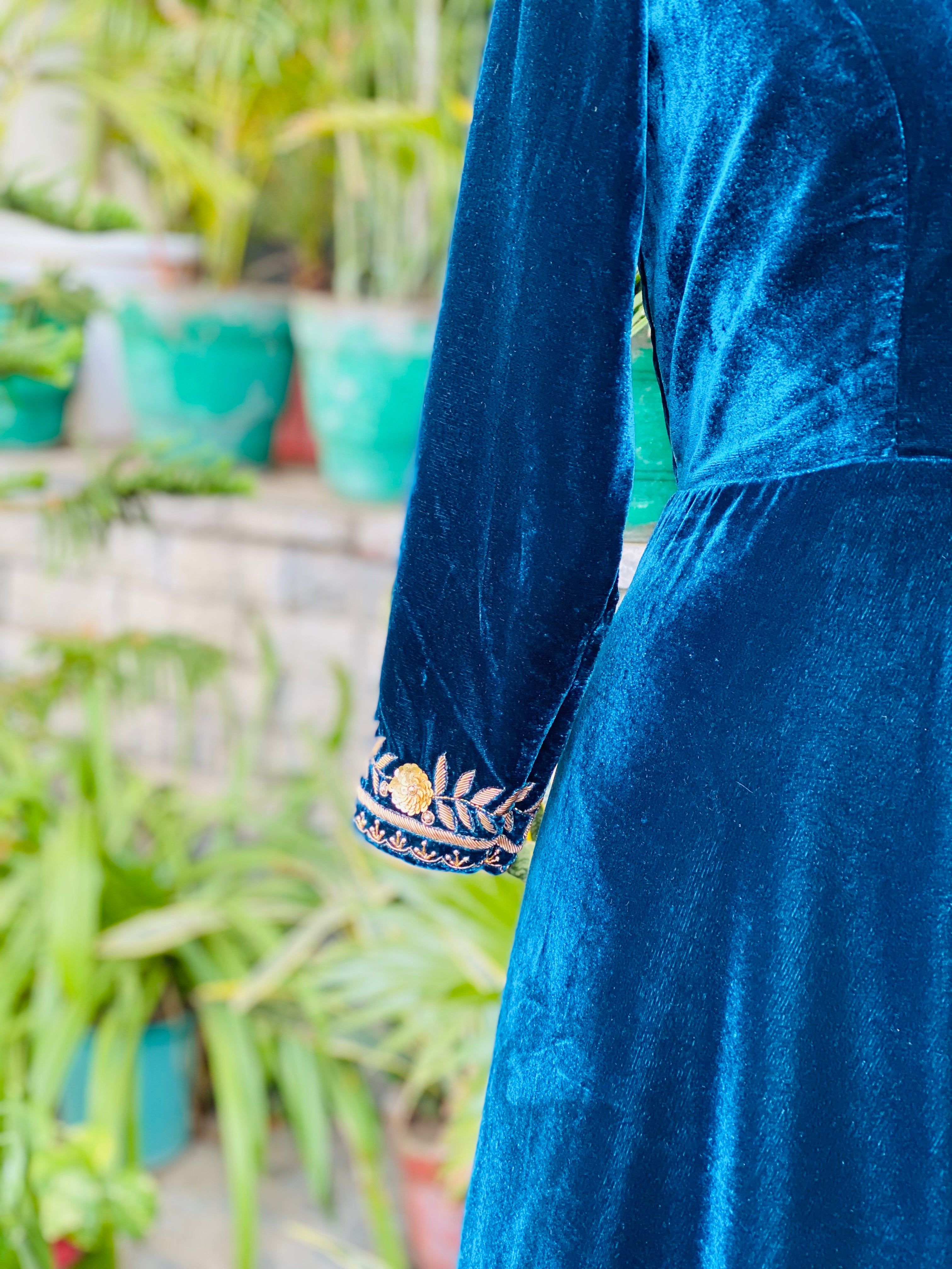 Peacock Blue Velvet Anarkali