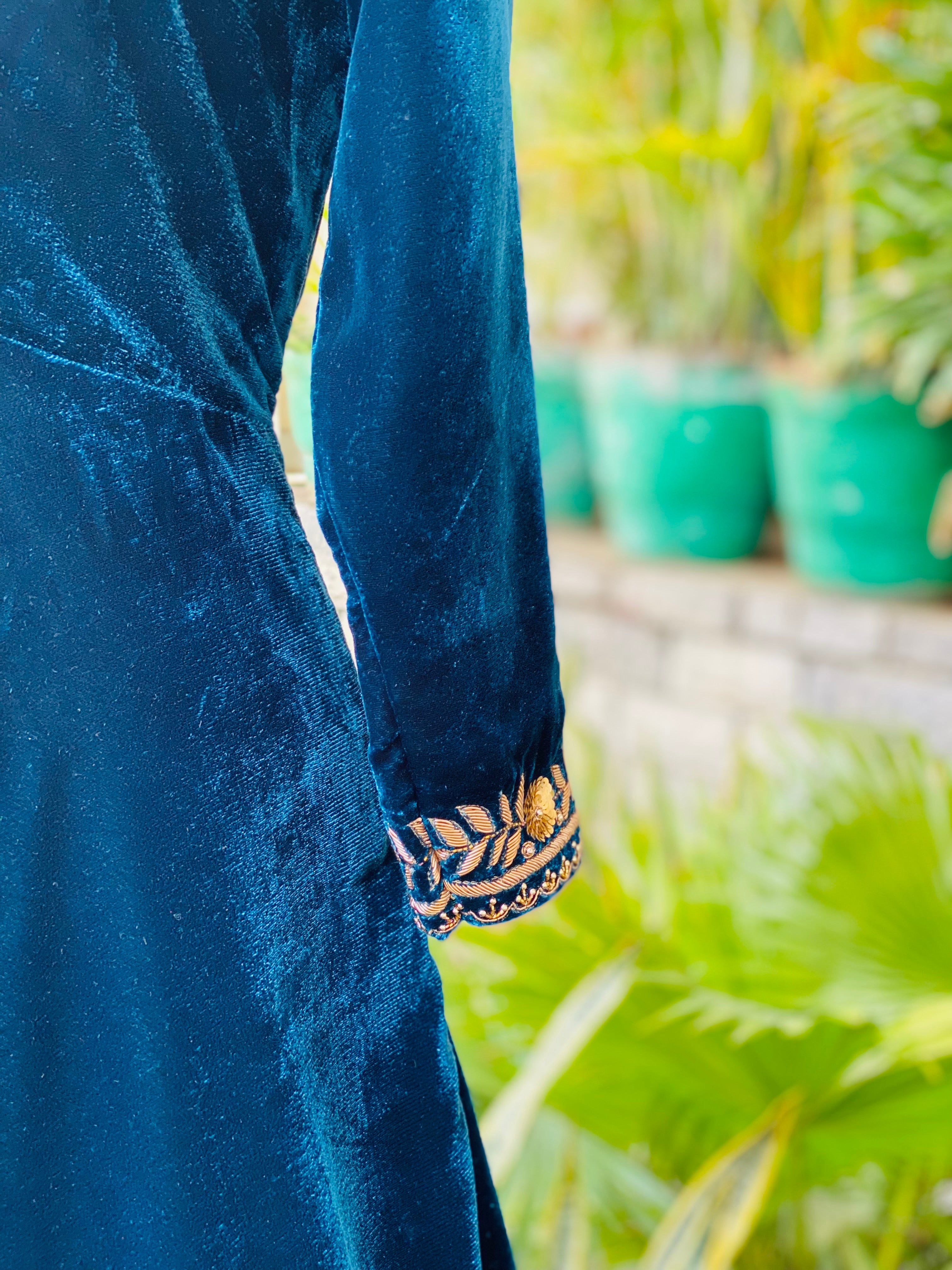 Peacock Blue Velvet Anarkali