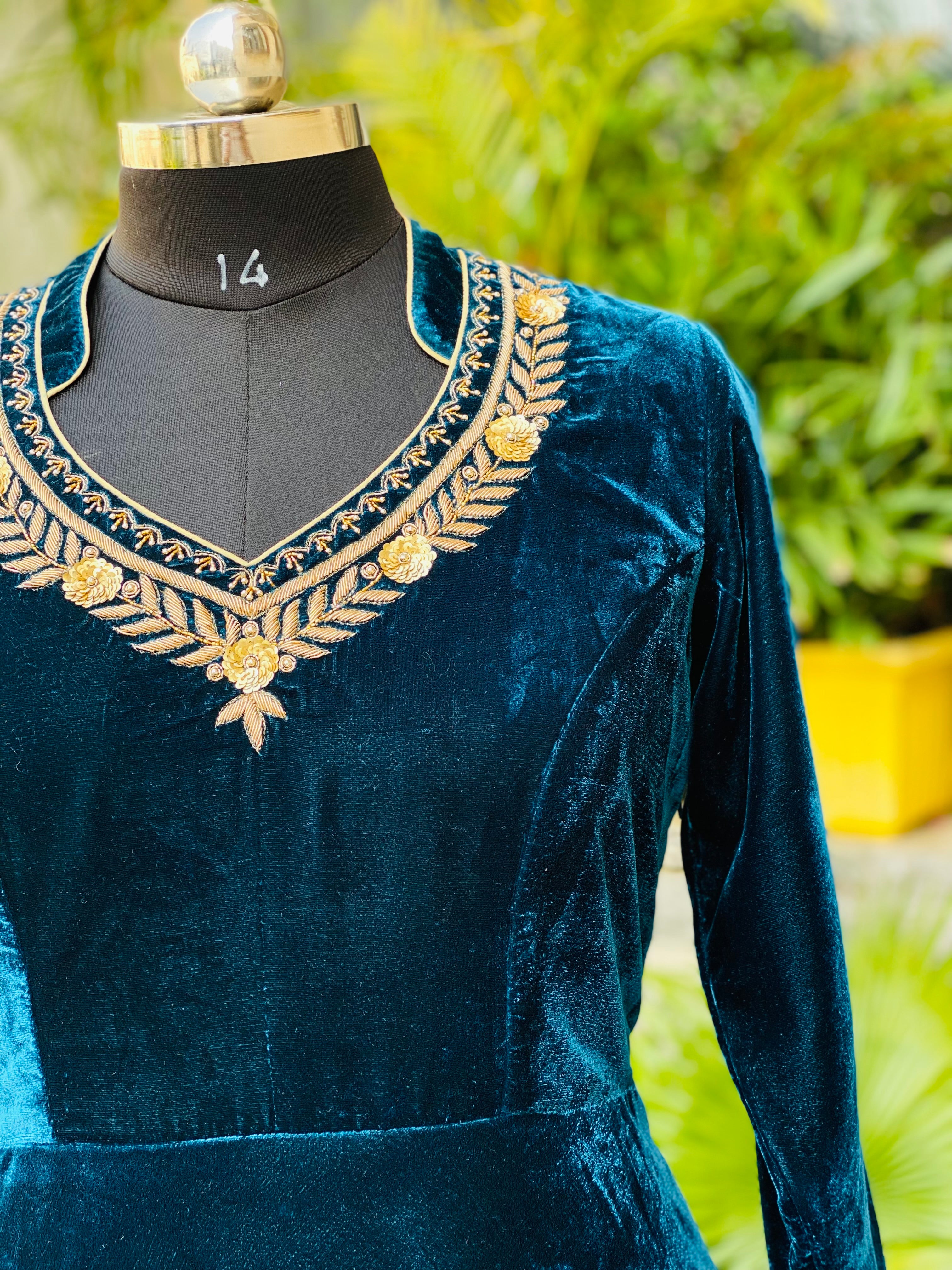 Peacock Blue Velvet Anarkali