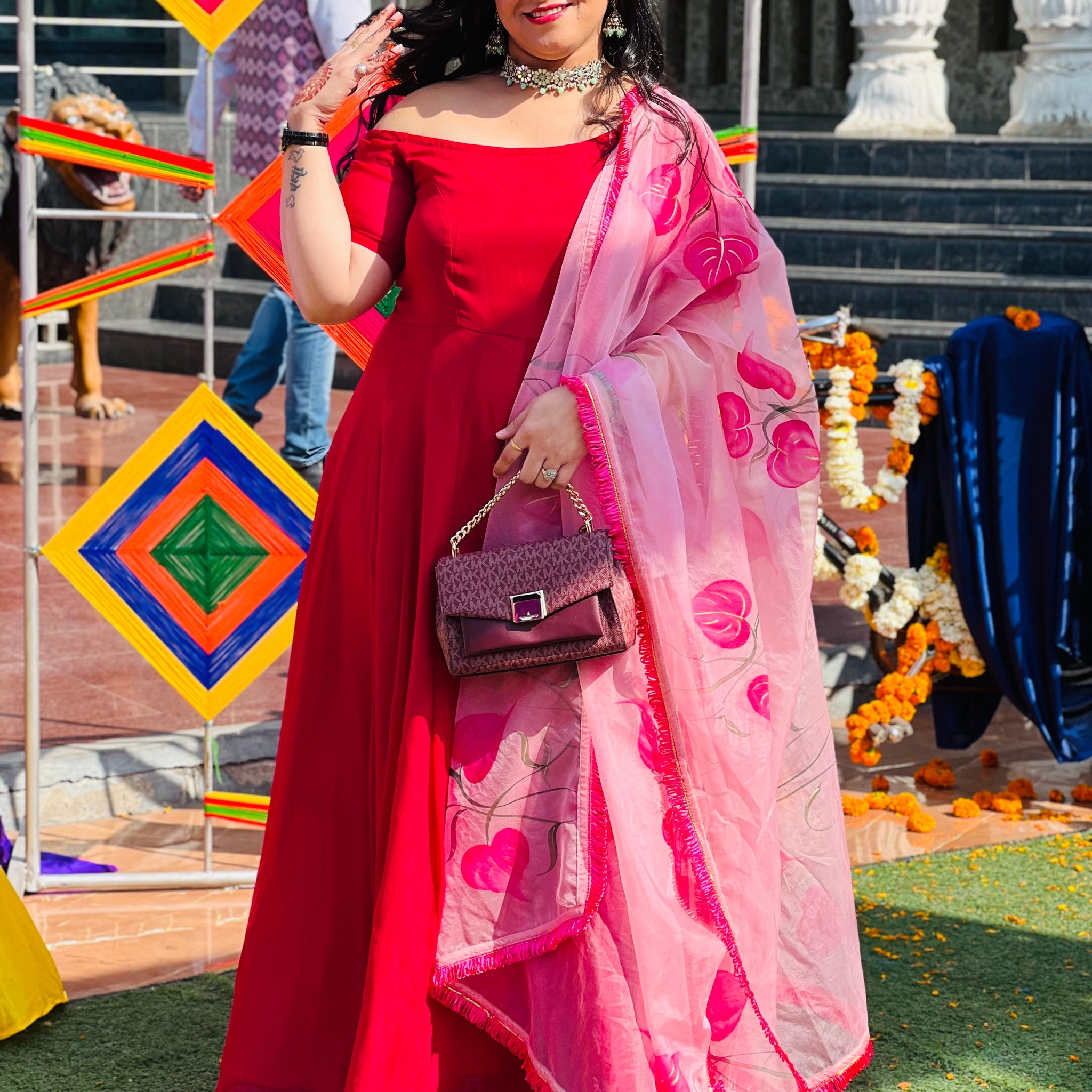 Red Off Shoulder Anarkali