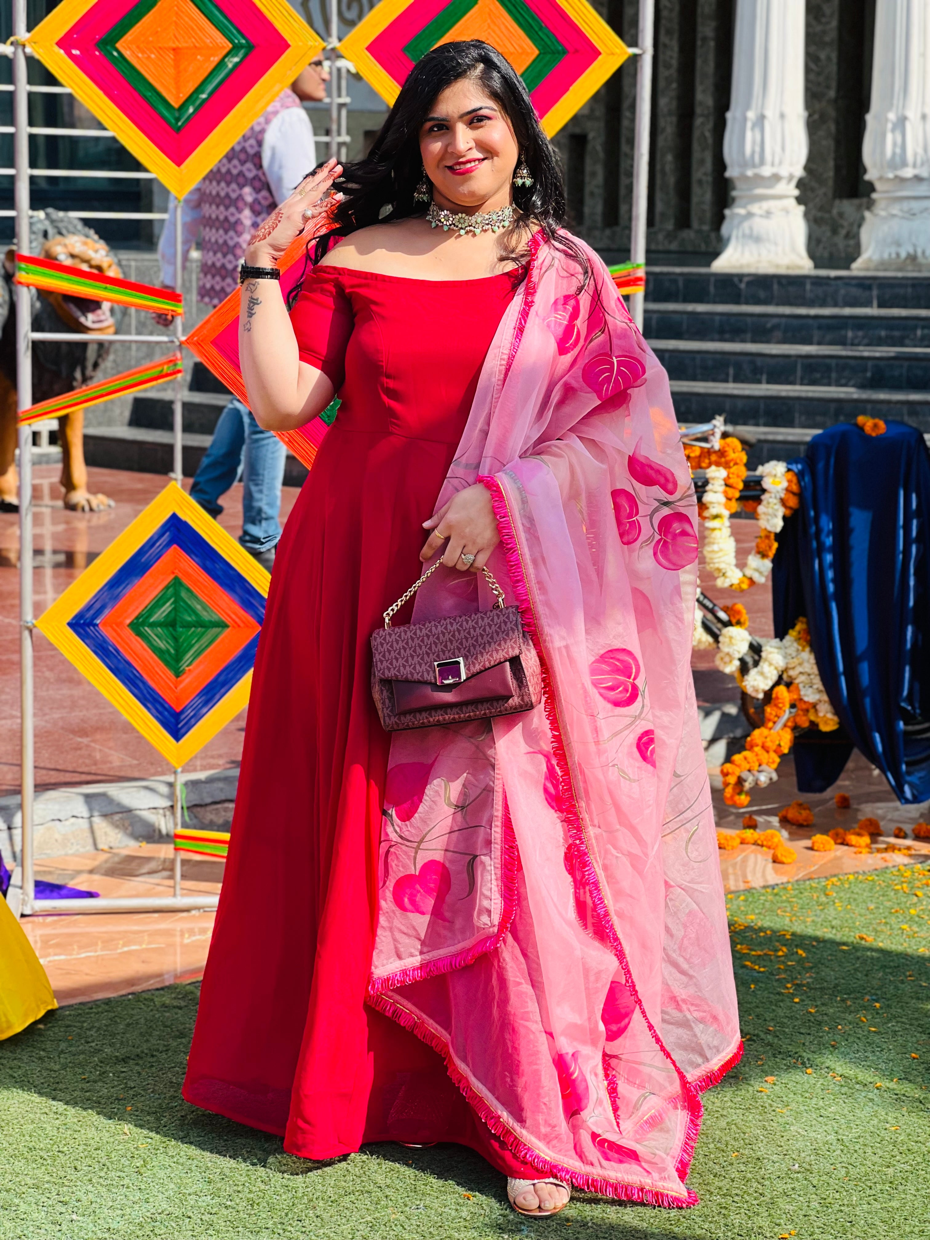 Red Off Shoulder Anarkali