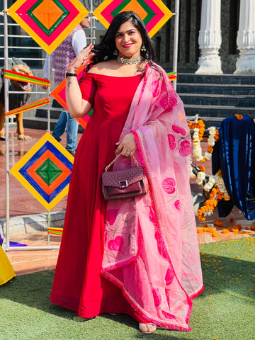 Red Off Shoulder Anarkali