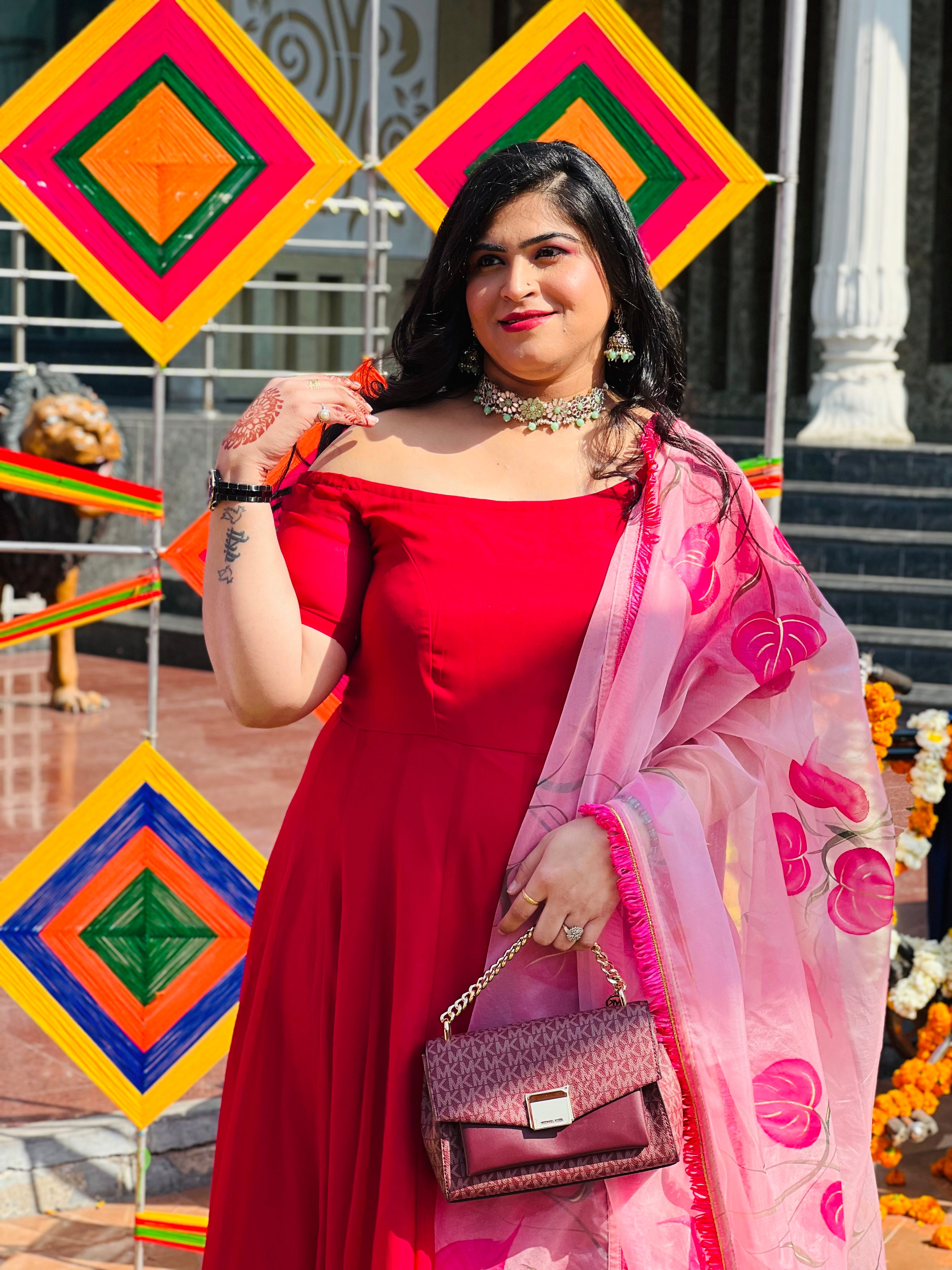 Red Off Shoulder Anarkali