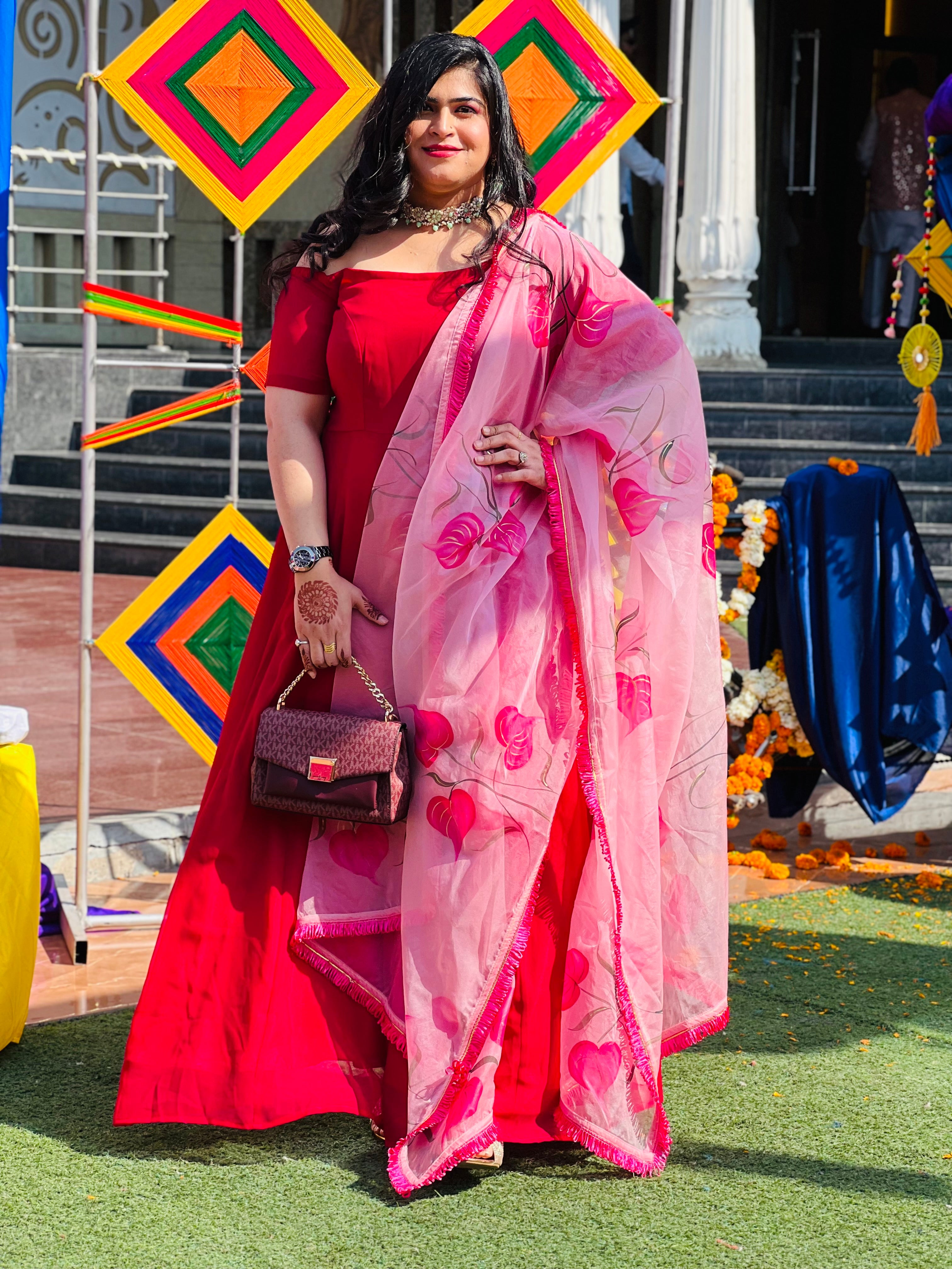 Red Off Shoulder Anarkali