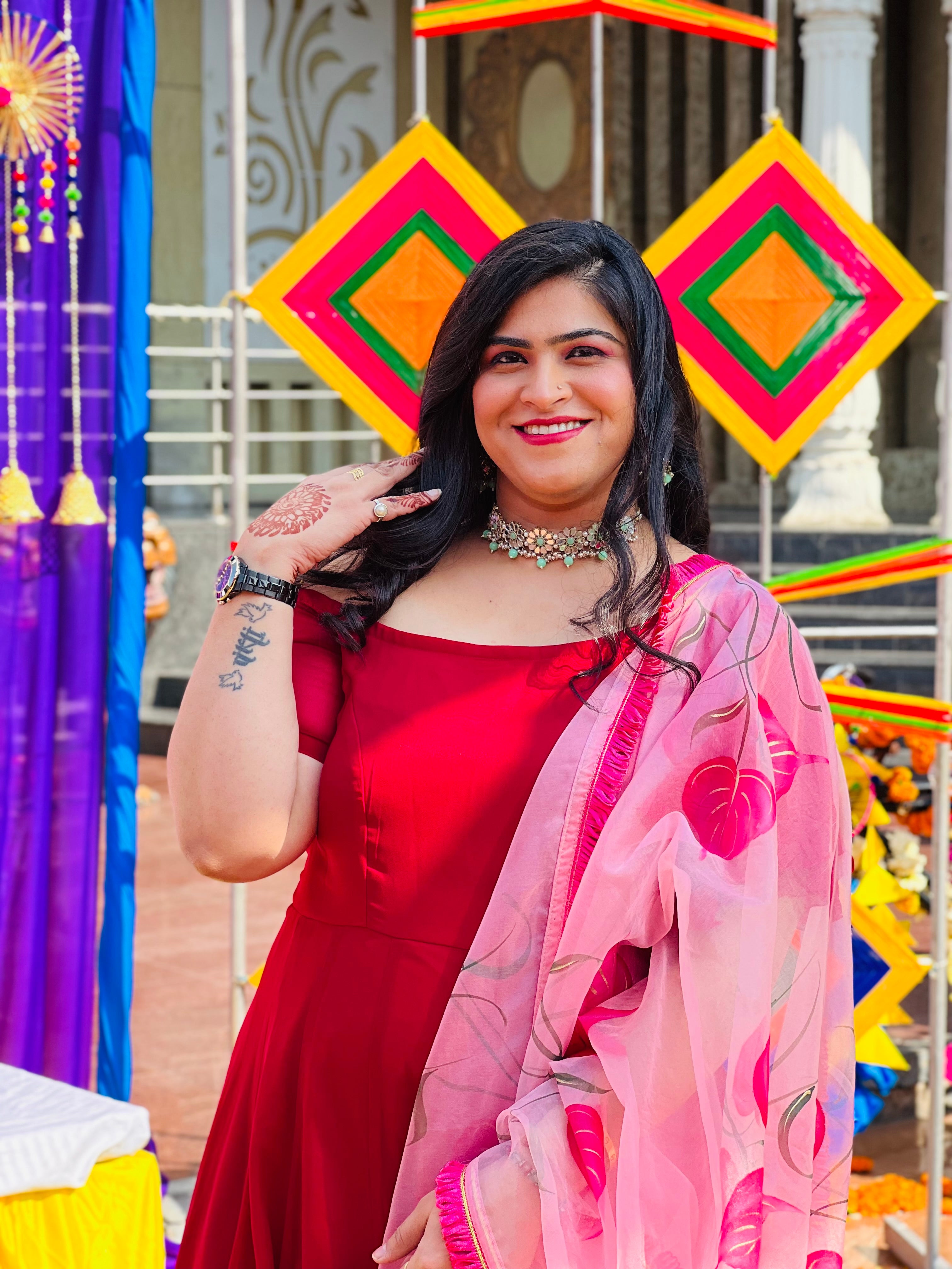 Red Off Shoulder Anarkali