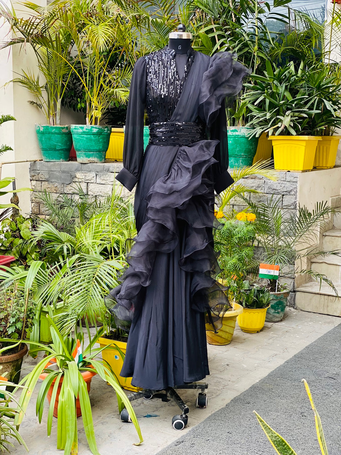 Black Sequin Drape Saree Gown
