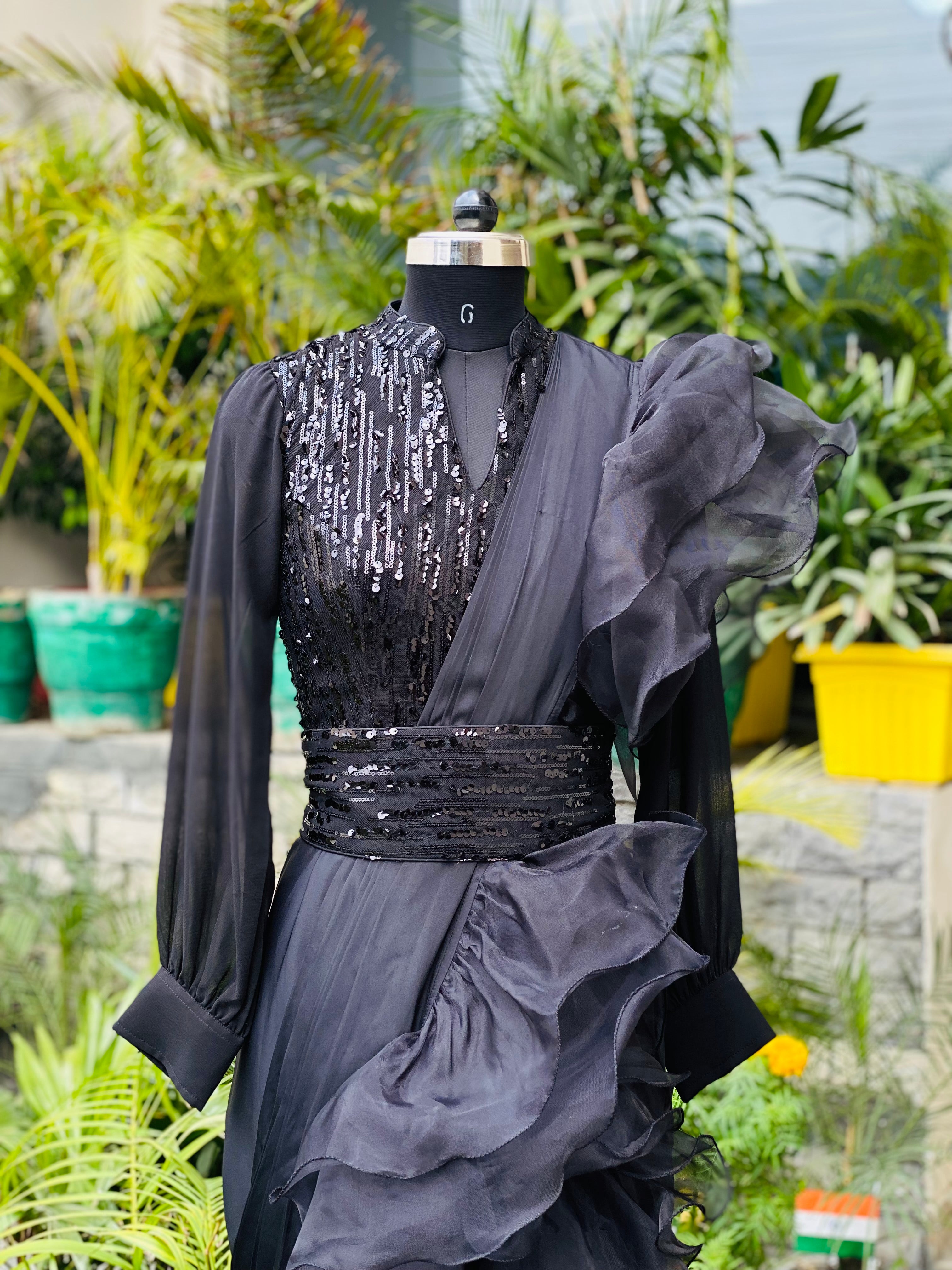Black Sequin Drape Saree Gown