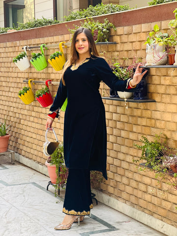 Navy Blue Velvet Lotus Co-Ord