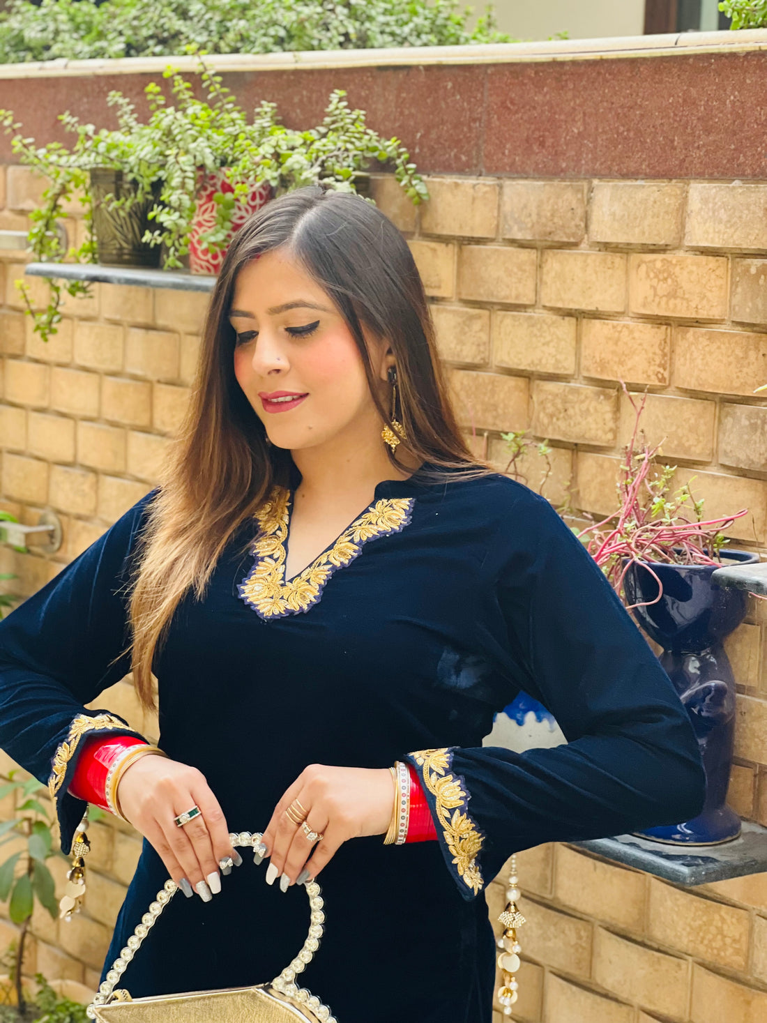 Navy Blue Velvet Lotus Co-Ord