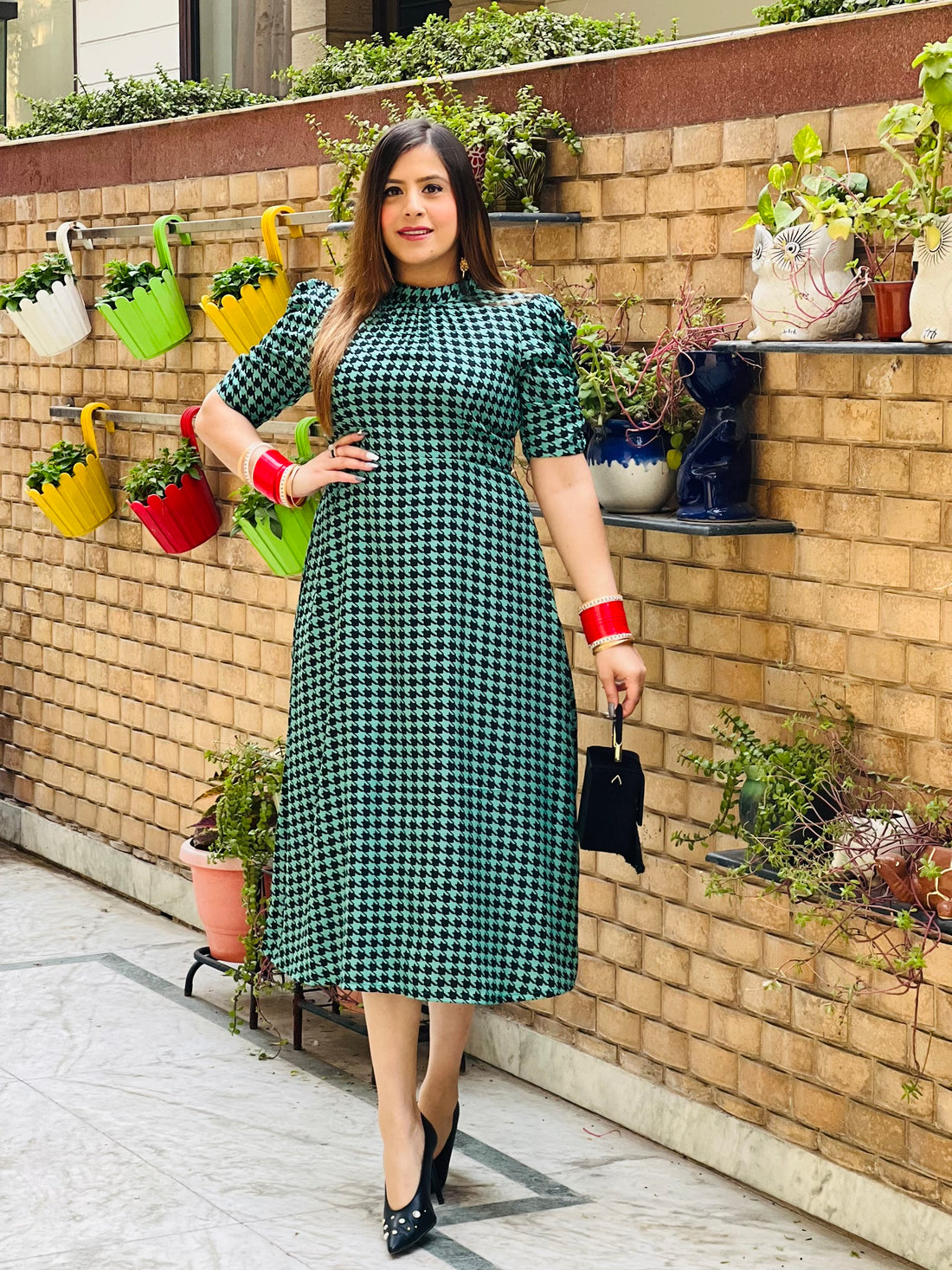 Teal Houndstooth Midi