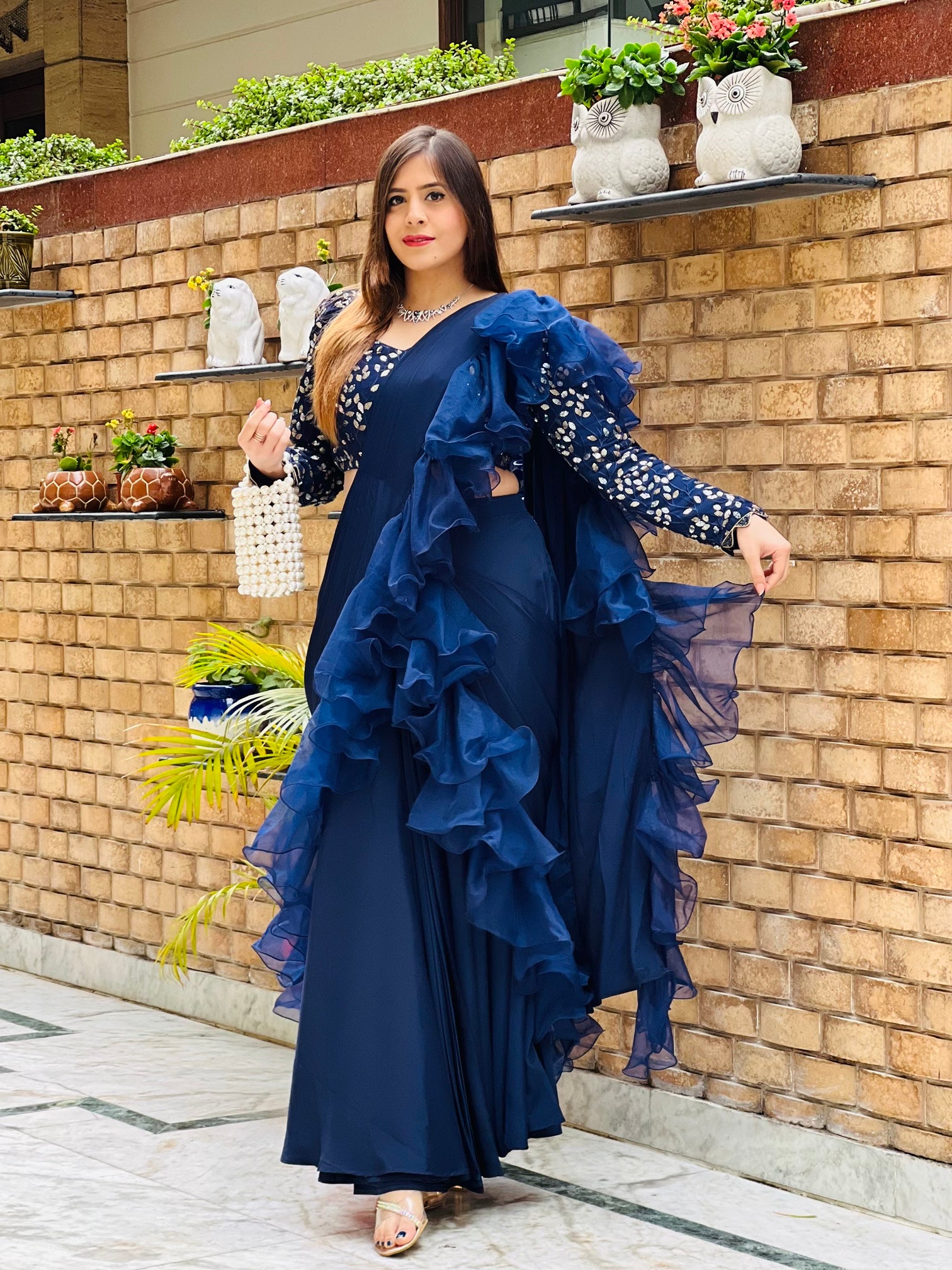 Navy Blue Ruffle Saree
