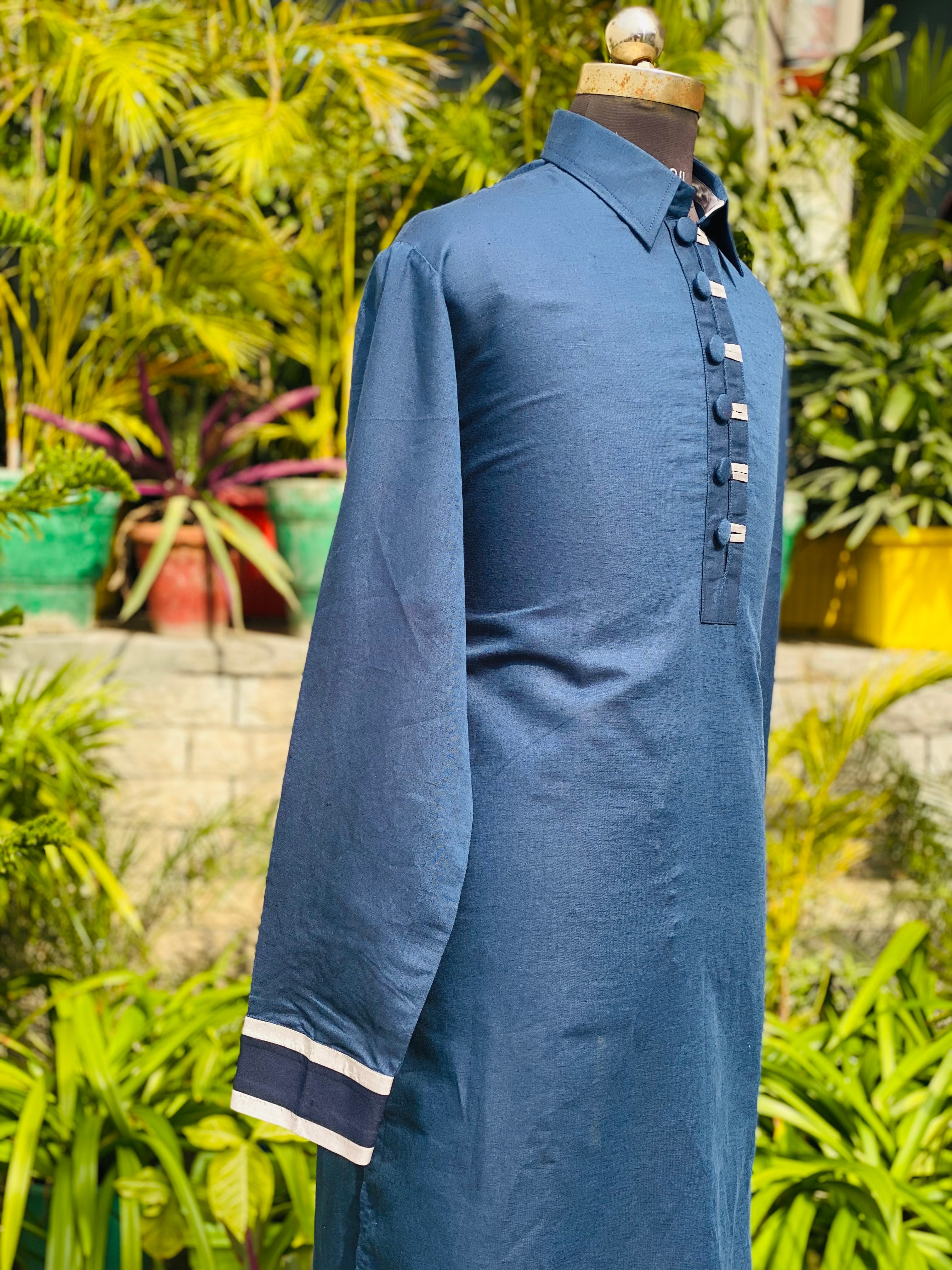 Menswear Blue Kurta With White Pants