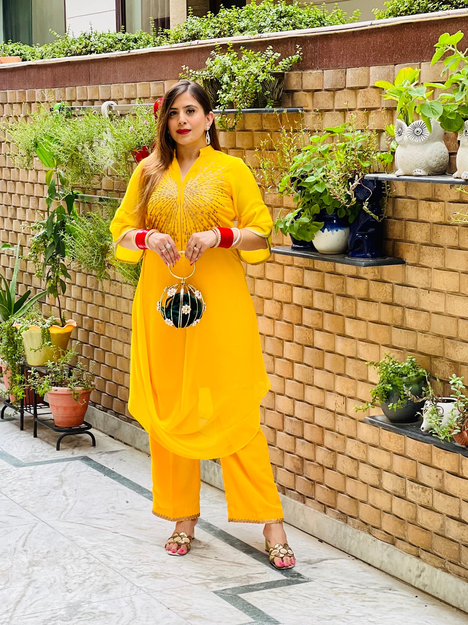 Yellow Embroidered Drape Suit