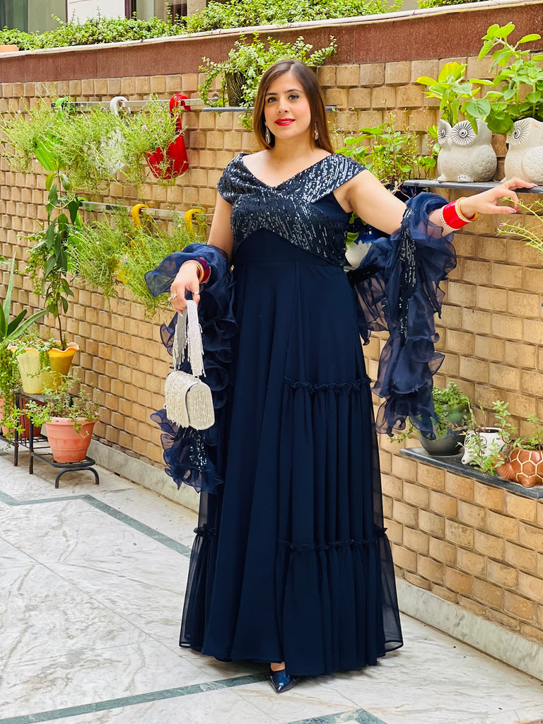 Navy Blue Gown with Ruffle Dupatta