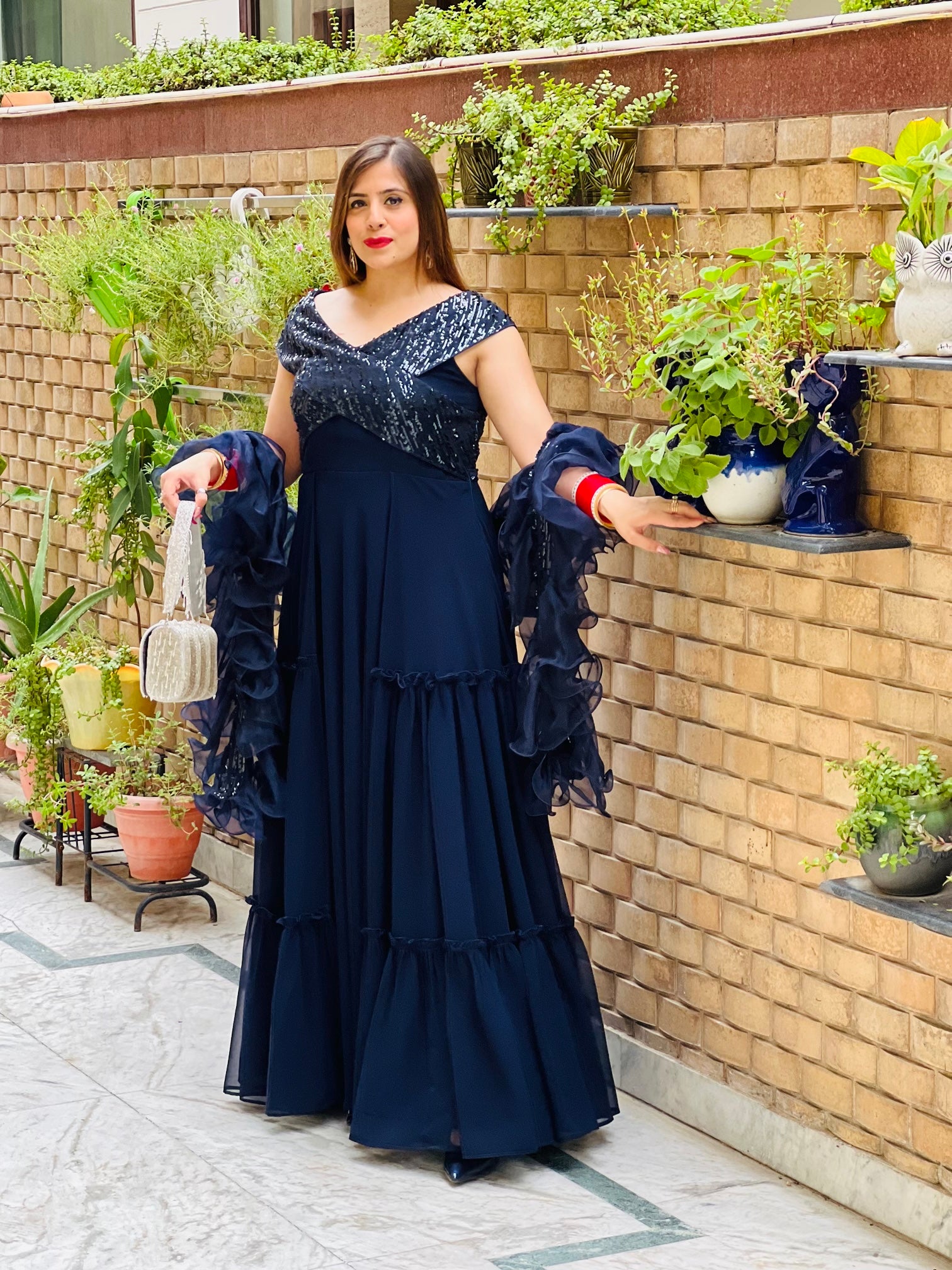 Navy Blue Gown with Ruffle Dupatta | Party Wear Gown