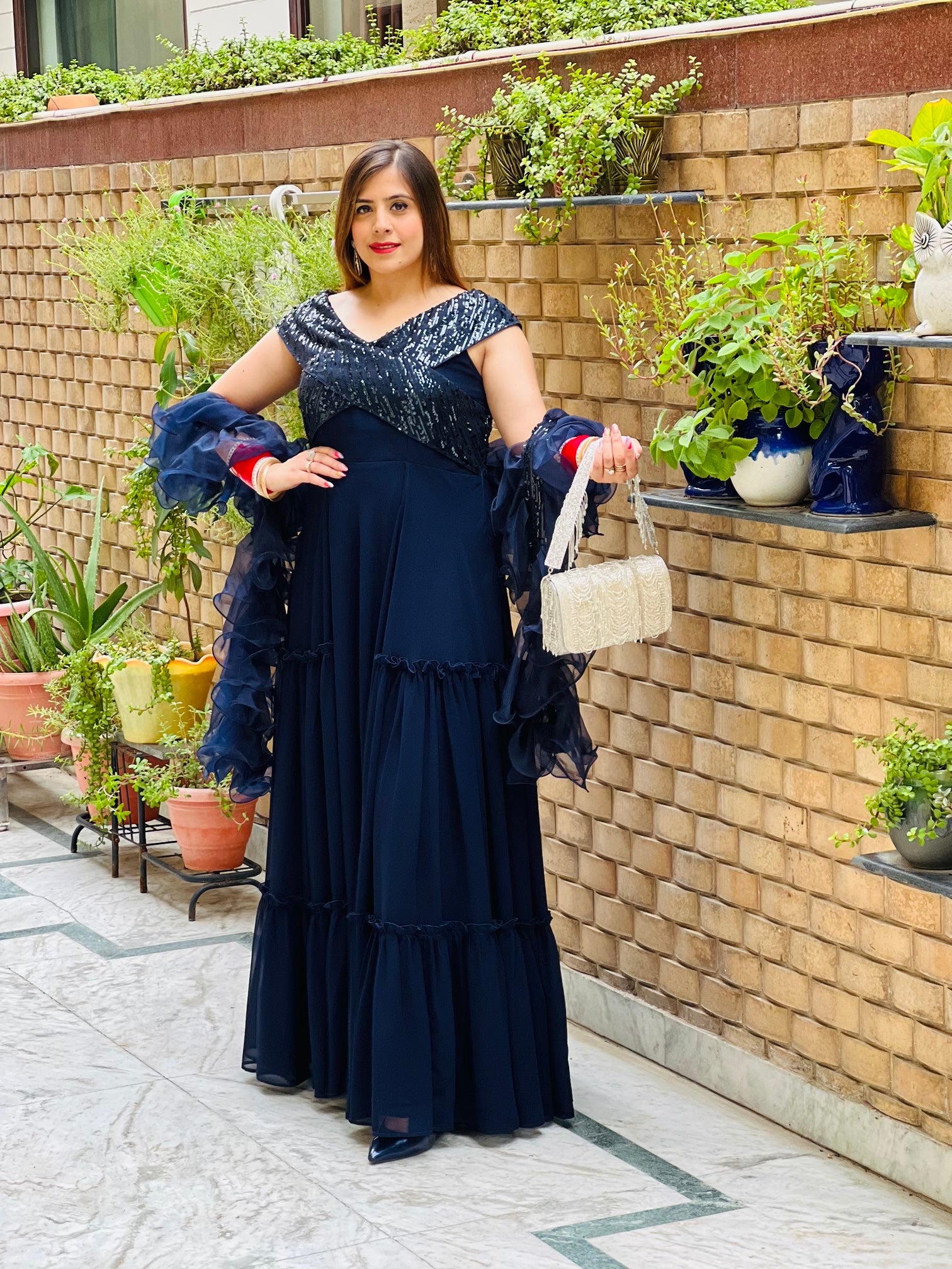 Navy Blue Gown with Ruffle Dupatta