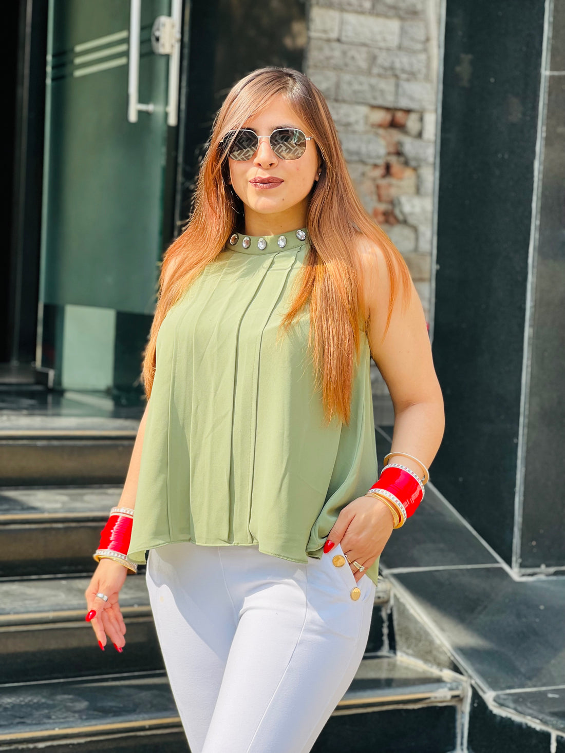 Pista Green Sleeveless Top