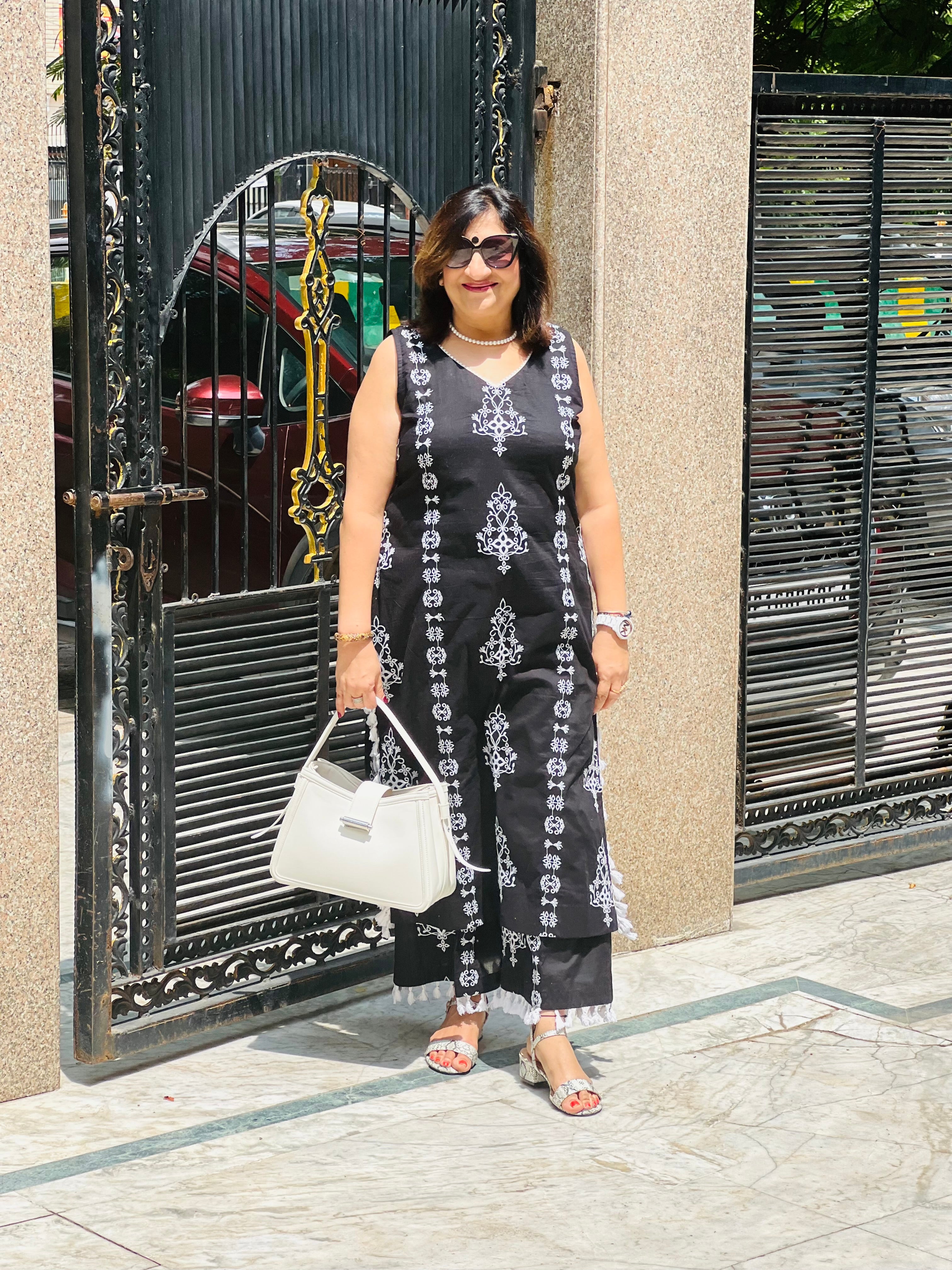 Black Cotton Embroidered Suit