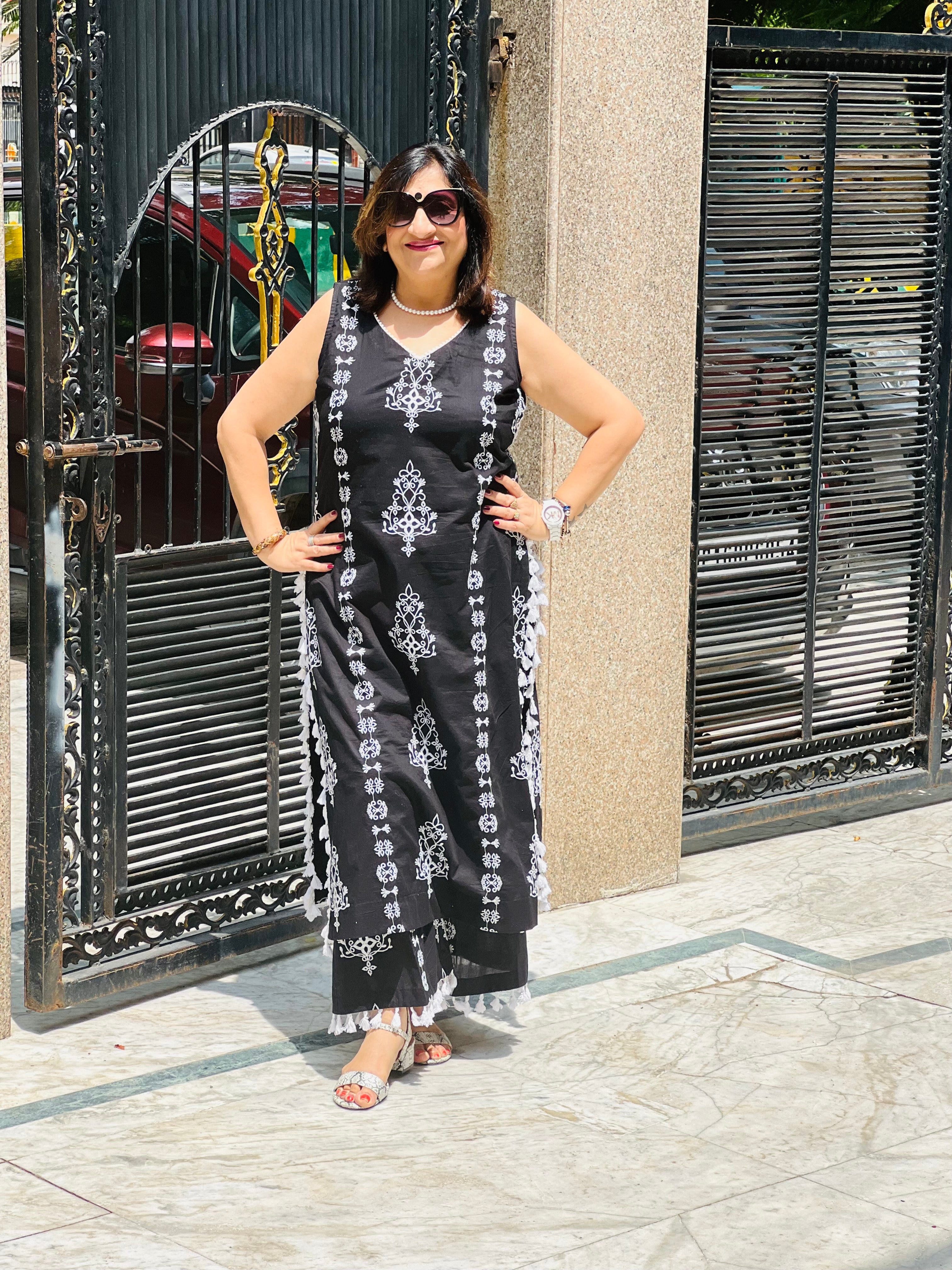 Black Cotton Embroidered Suit